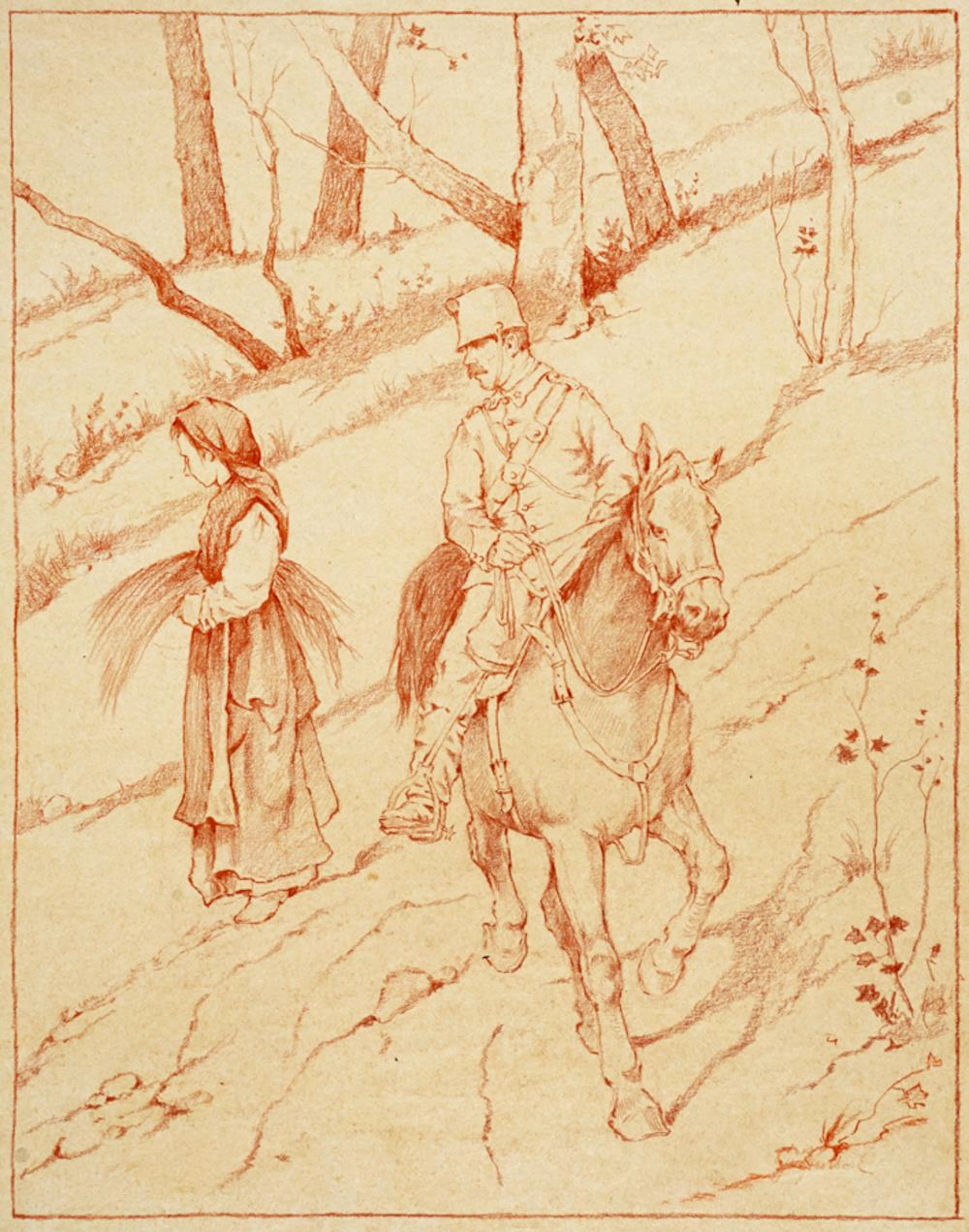 Giovanni Fattori, Paesaggio con erbaiola e soldato a cavallo.
