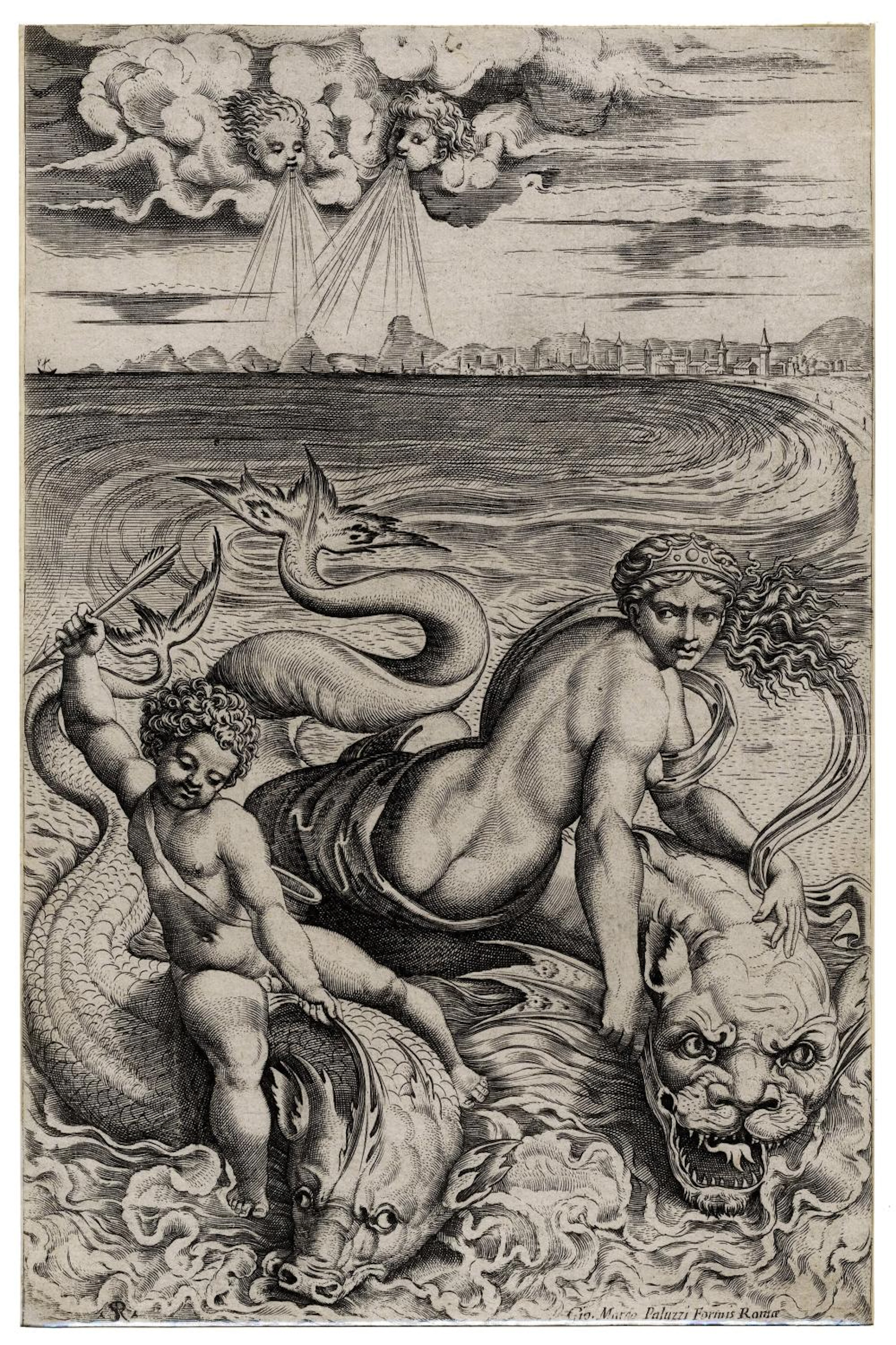 Marco Dente, Venere e Cupido sul dorso di due delfini. 1515-1520.