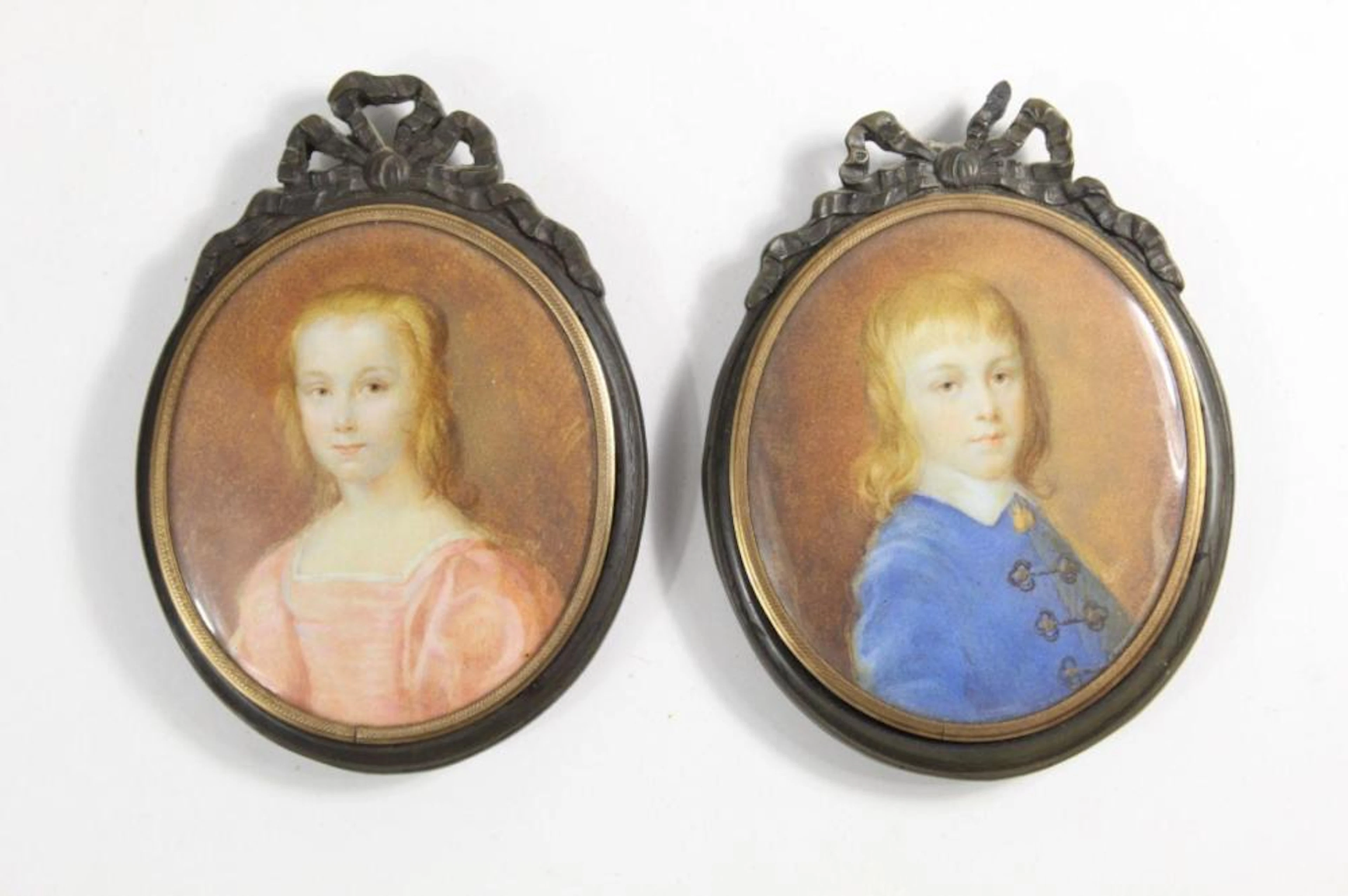 Pair Portrait Miniatures Teenage Boy & Girl