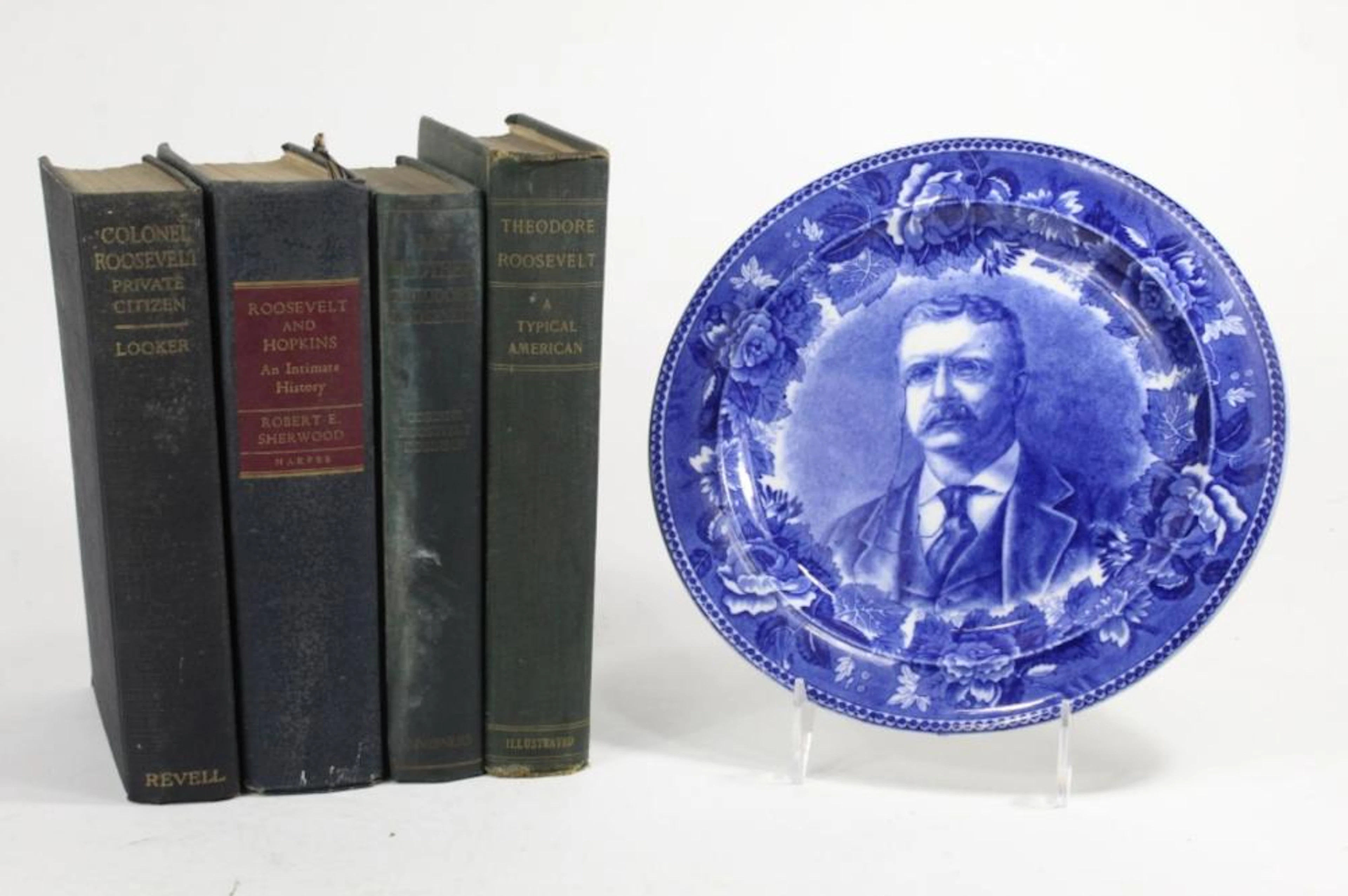 TEDDY ROOSEVELT FLOW BLUE PLATE & BOOKS