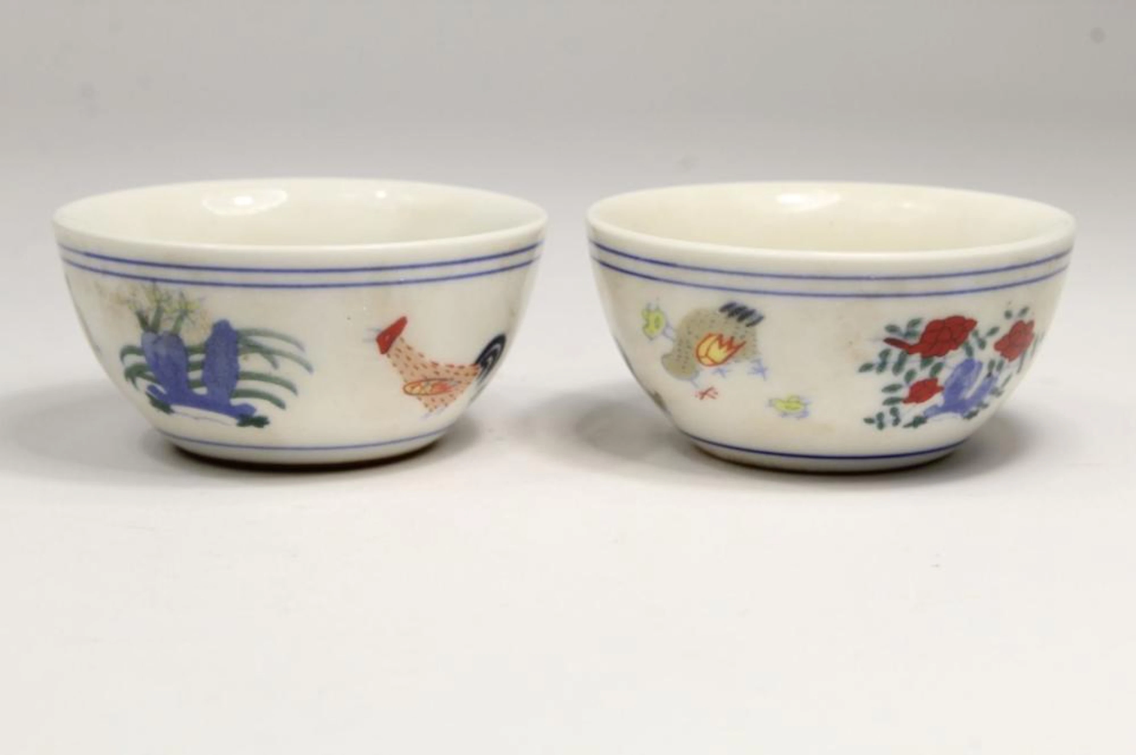 PAIR CHINESE DOUCAI CHICKEN PORCELAIN CUPS