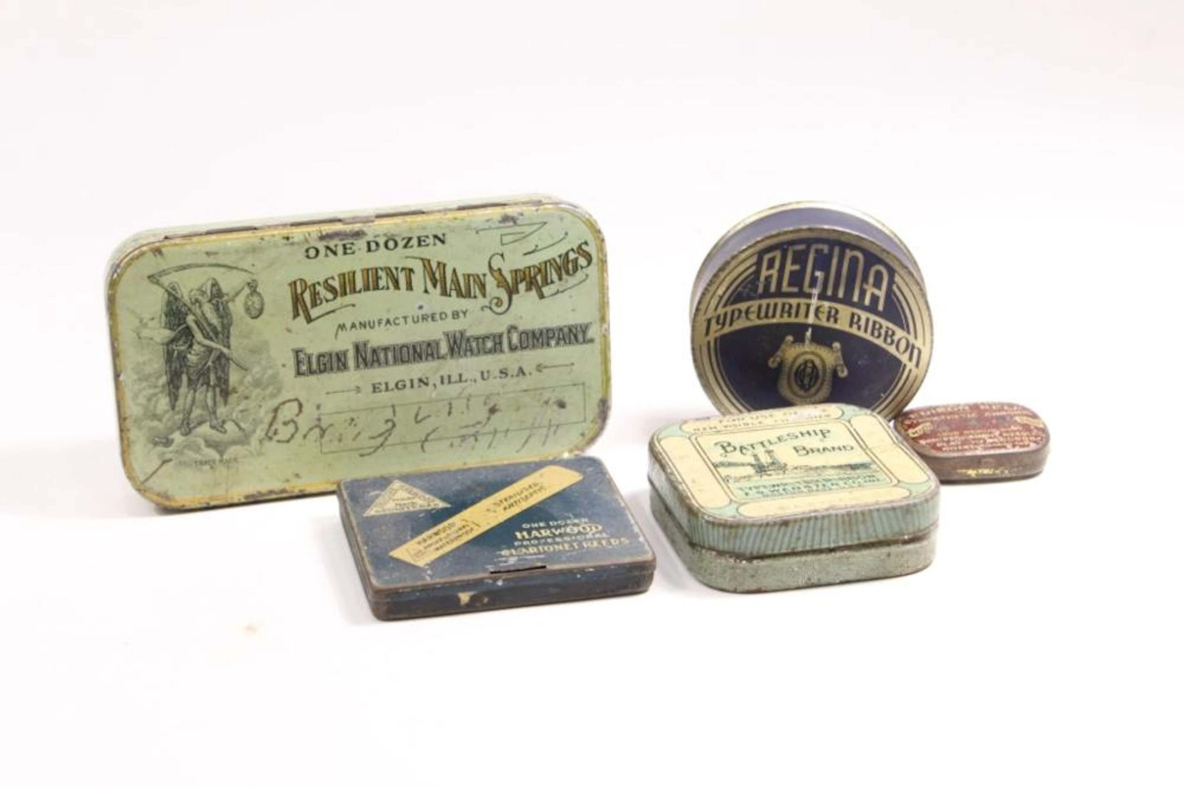 LOT OF 5 TYPEWRITER AND MISC TIN CONTAINERS.