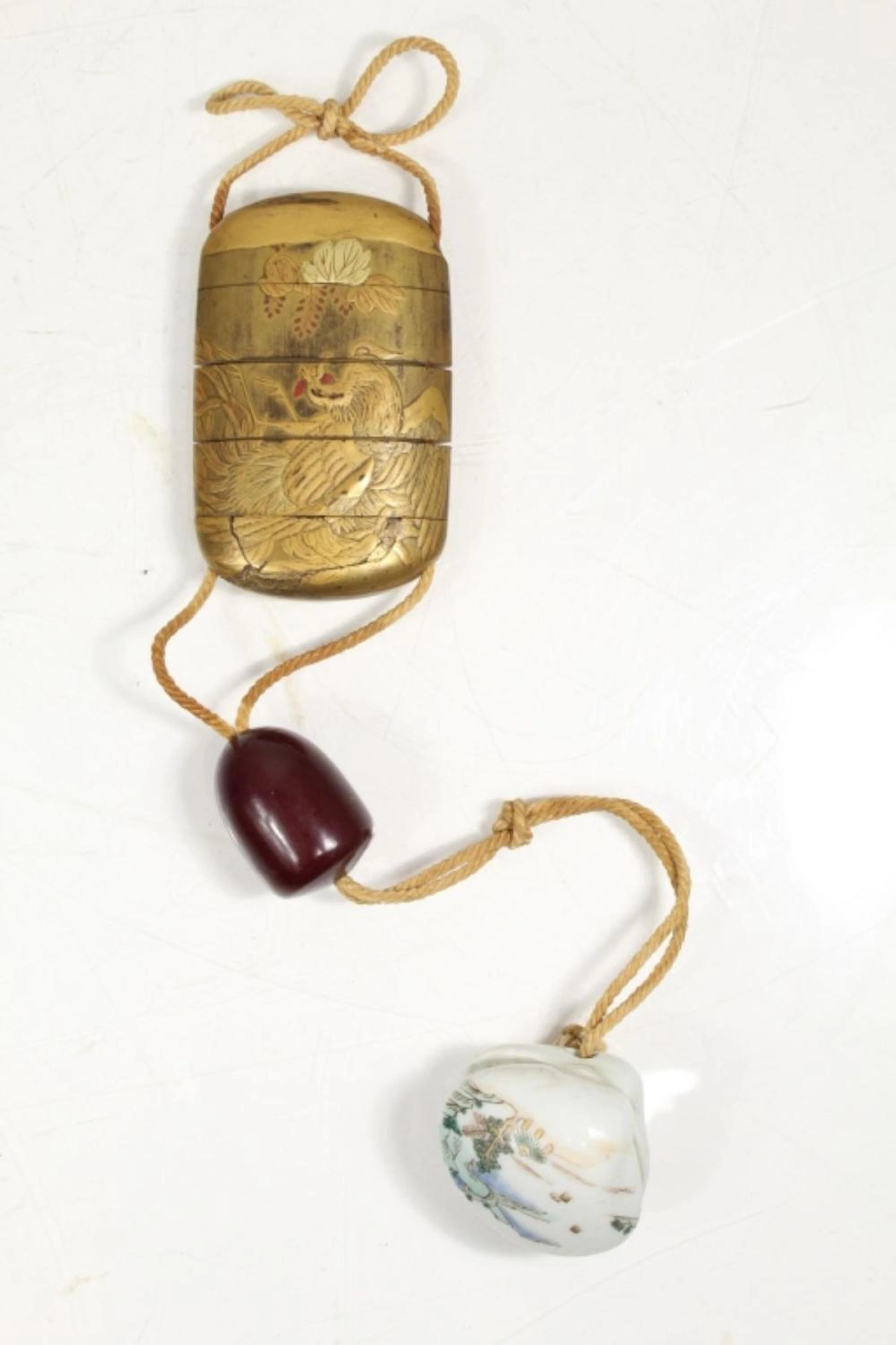 ANTIQUE JAPANESE GOLD LACQUERED WOOD INRO