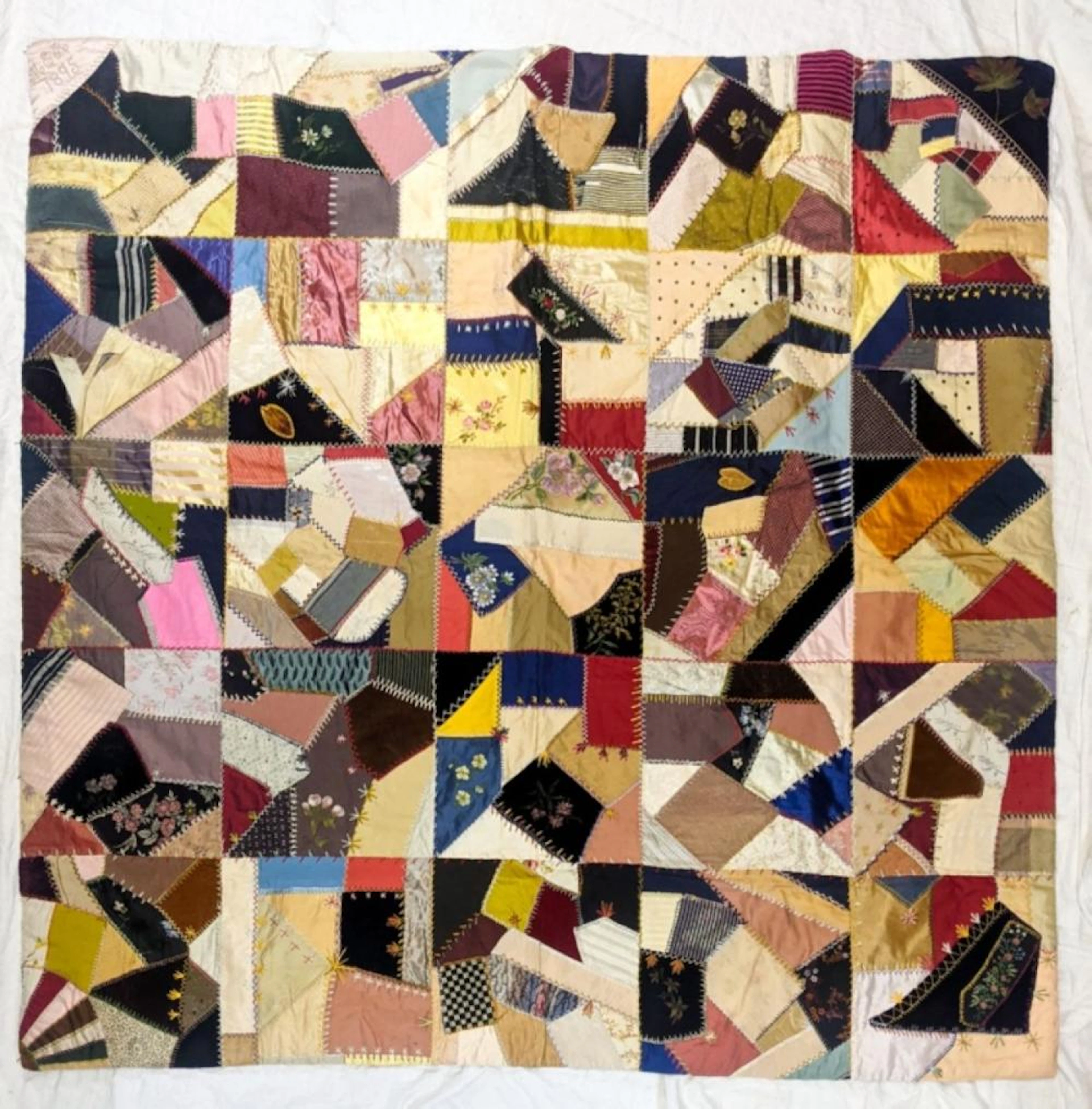 ANTIQUE HAND STITCHED CRAZY QUILT DATED 1895