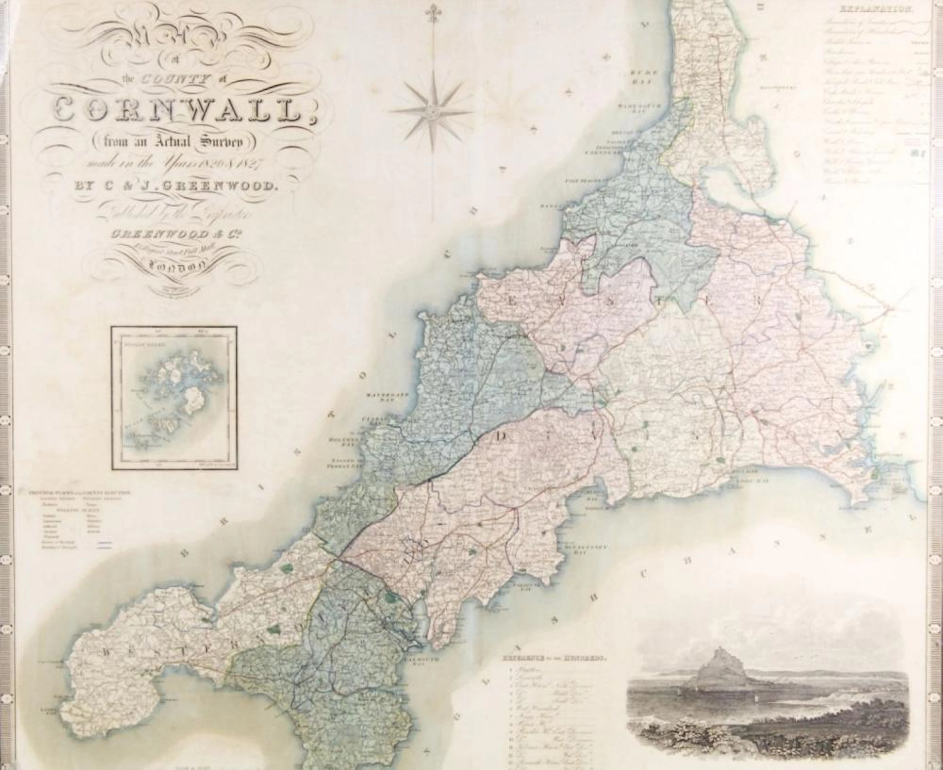 ANTIQUE FRAMED CORNWALL MAP BY C & J GREENWOOD