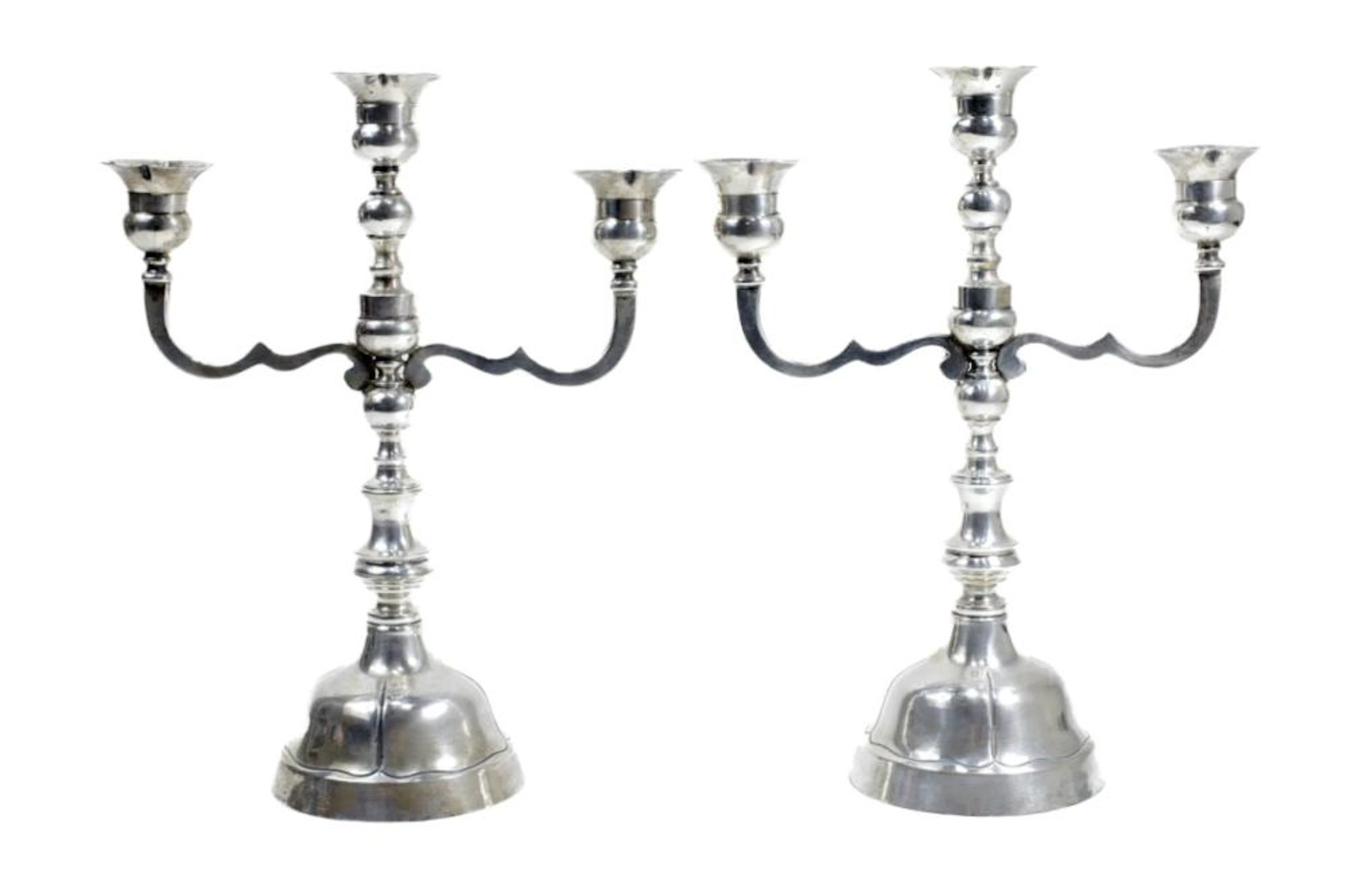 PAIR MEXICAN STERLING SILVER 3-LIGHT CANDELABRA