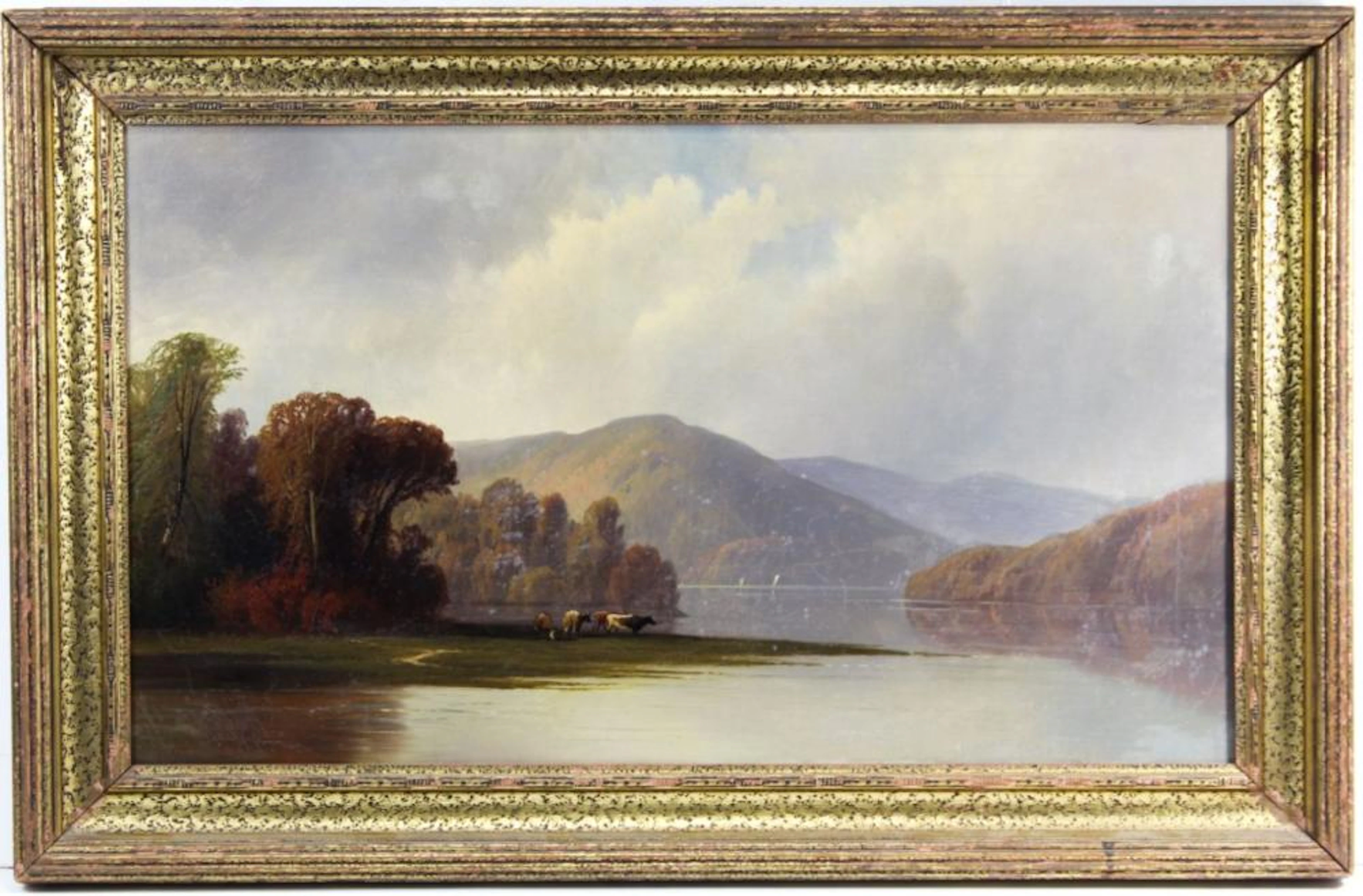 ANTIQUE PASTORAL RIVER SCENE OIL PAINTING