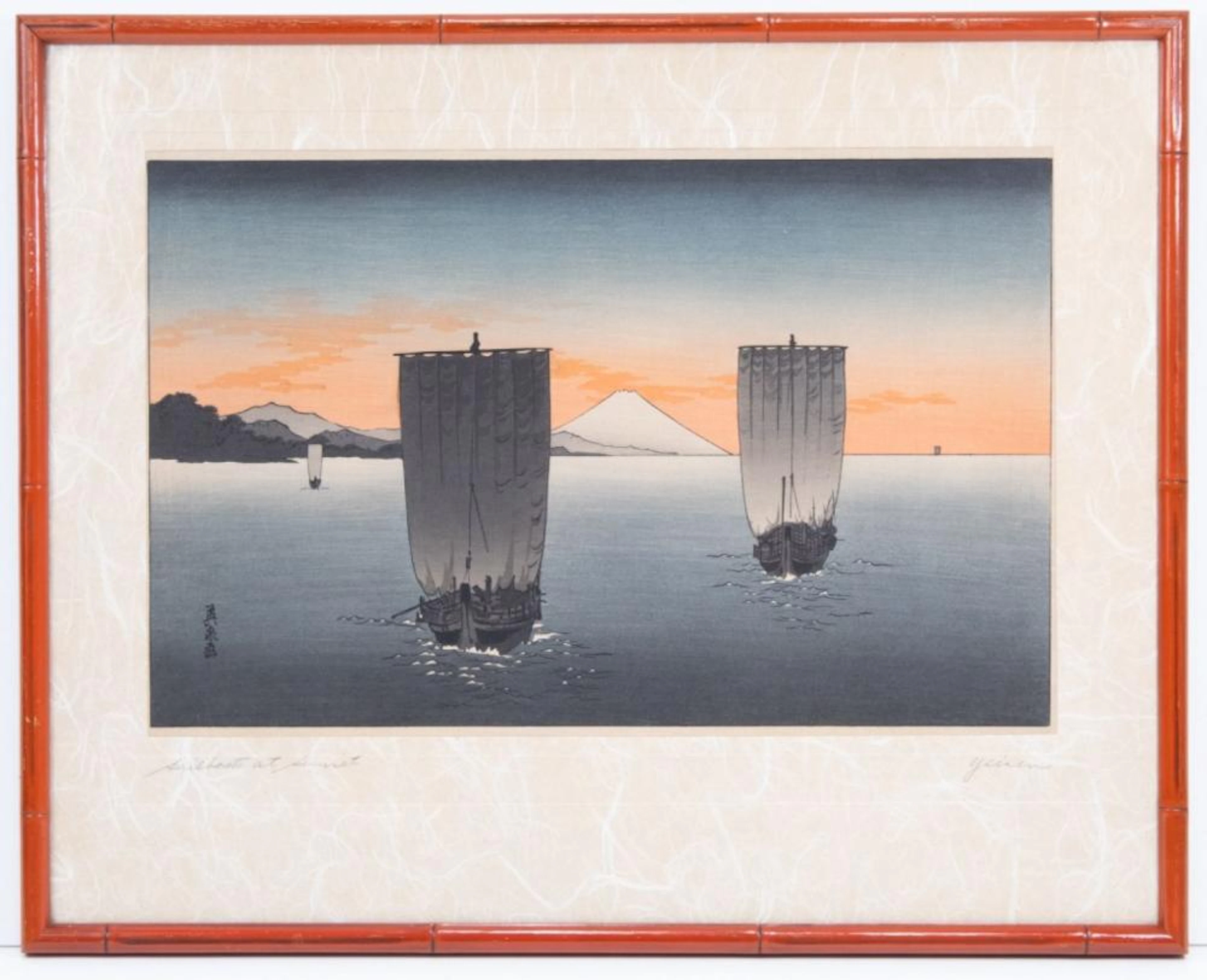 JAPANESE WOODBLOCK TOMIOKA EISEN SALBOATS SUNSET