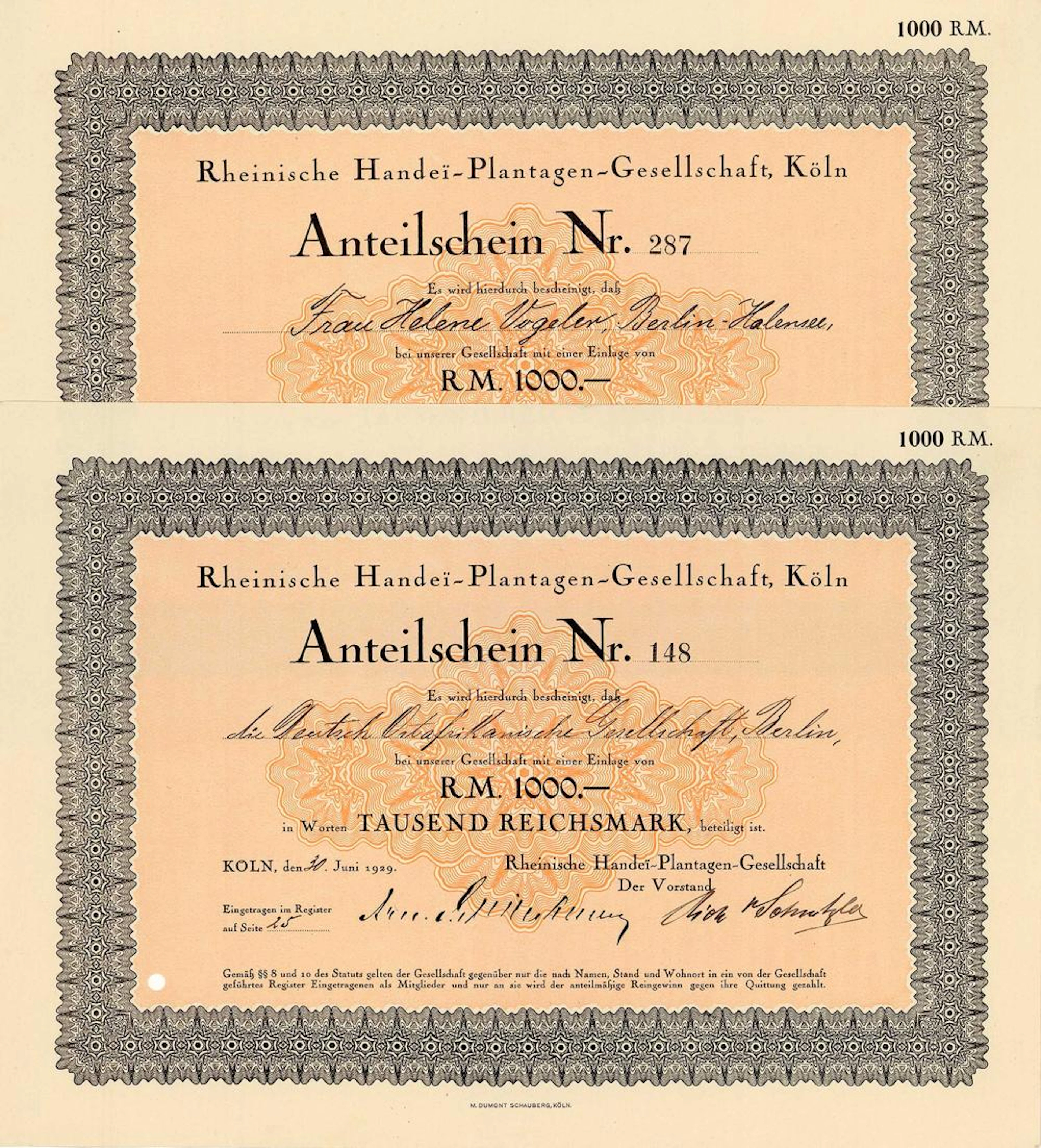 Rheinische Handei-Plantagen-Gesellschaft (2 Stücke), Köl