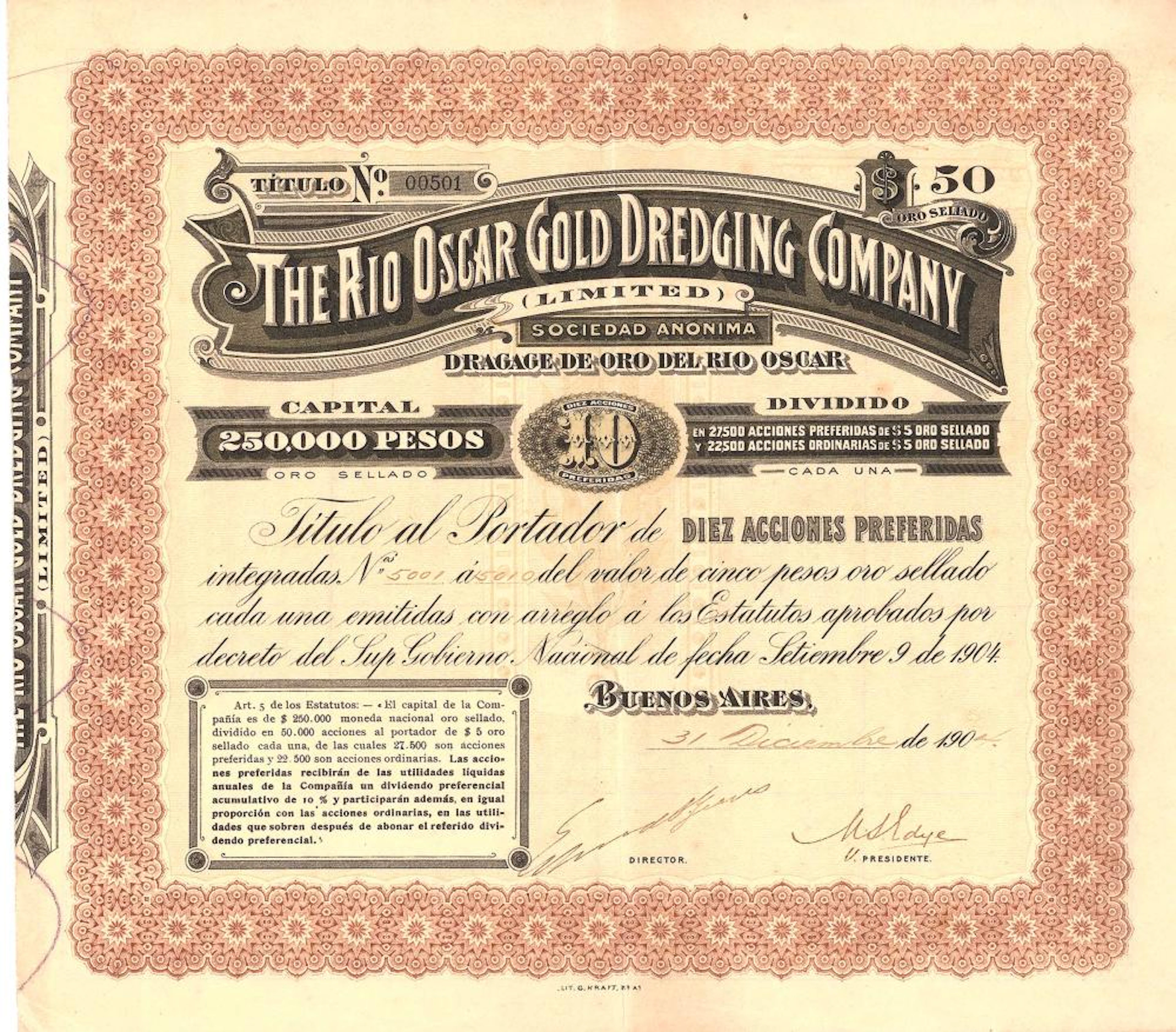 Rio Oscar Gold Dredging Co. Ltd., Buenos Aires
