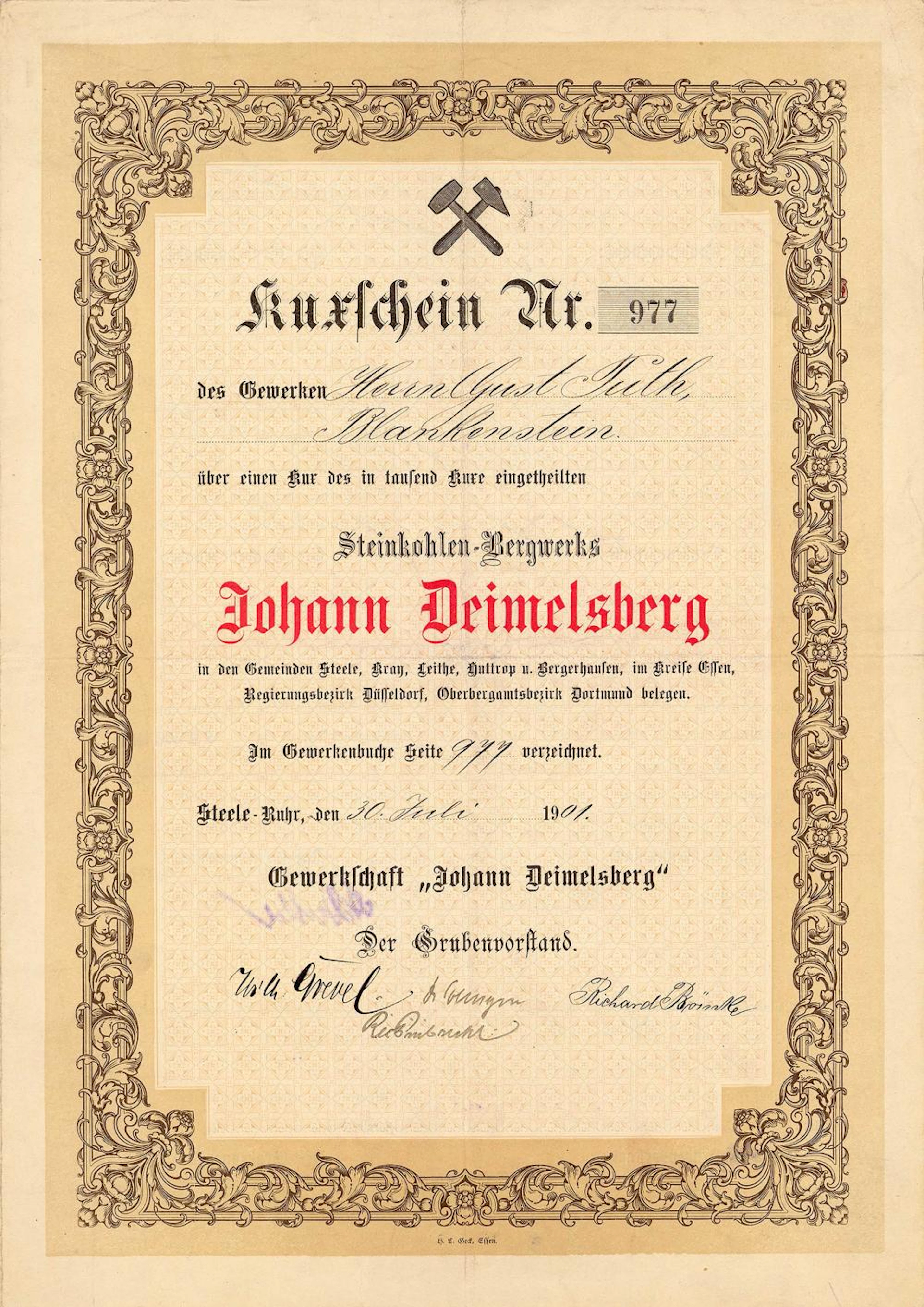 Gewerkschaft Johann Deimelsberg, Steele-Ruhr