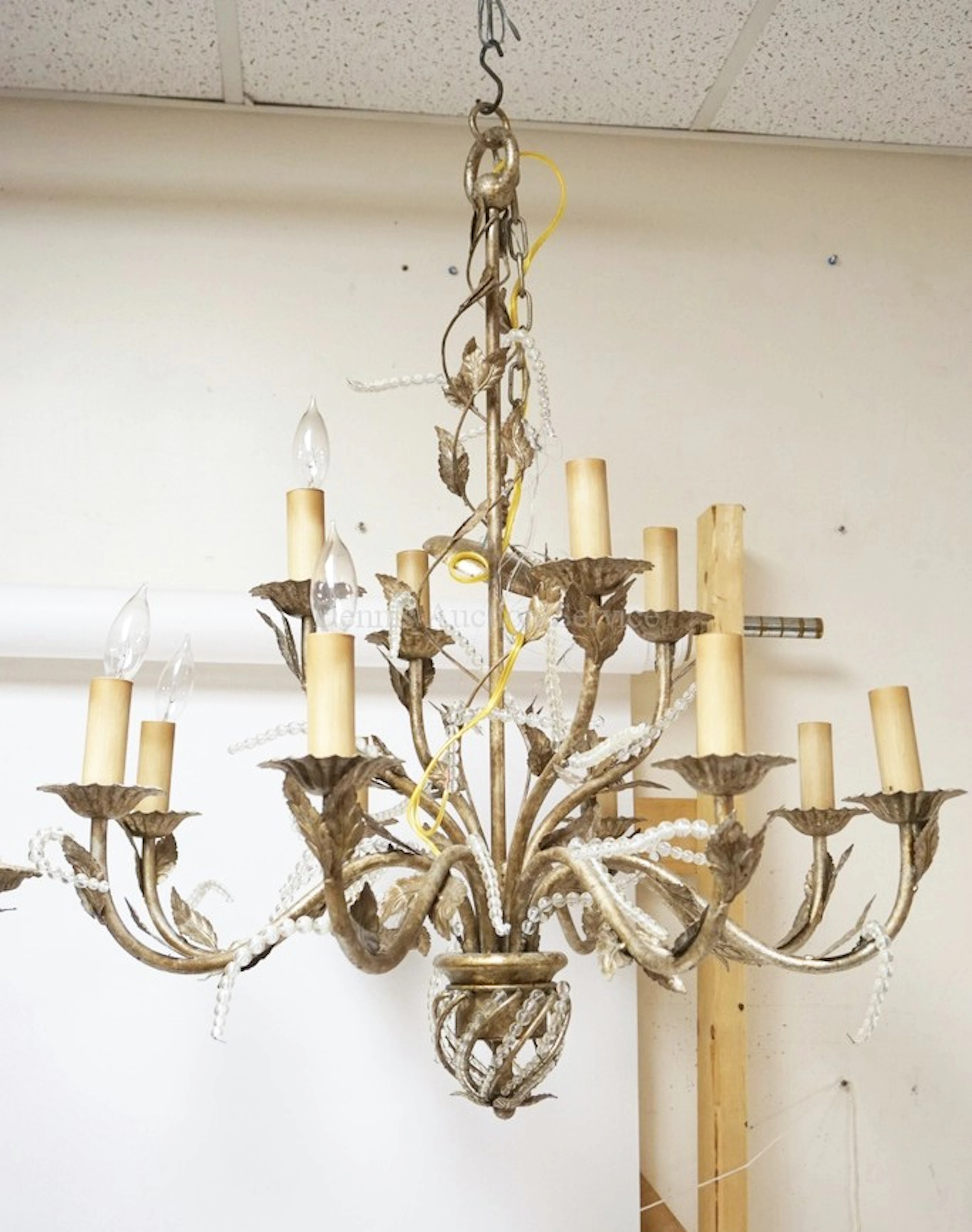 12 LIGHT ART METAL CHANDELIER DECORATED WITH LEAVES AND BEADED TRIM