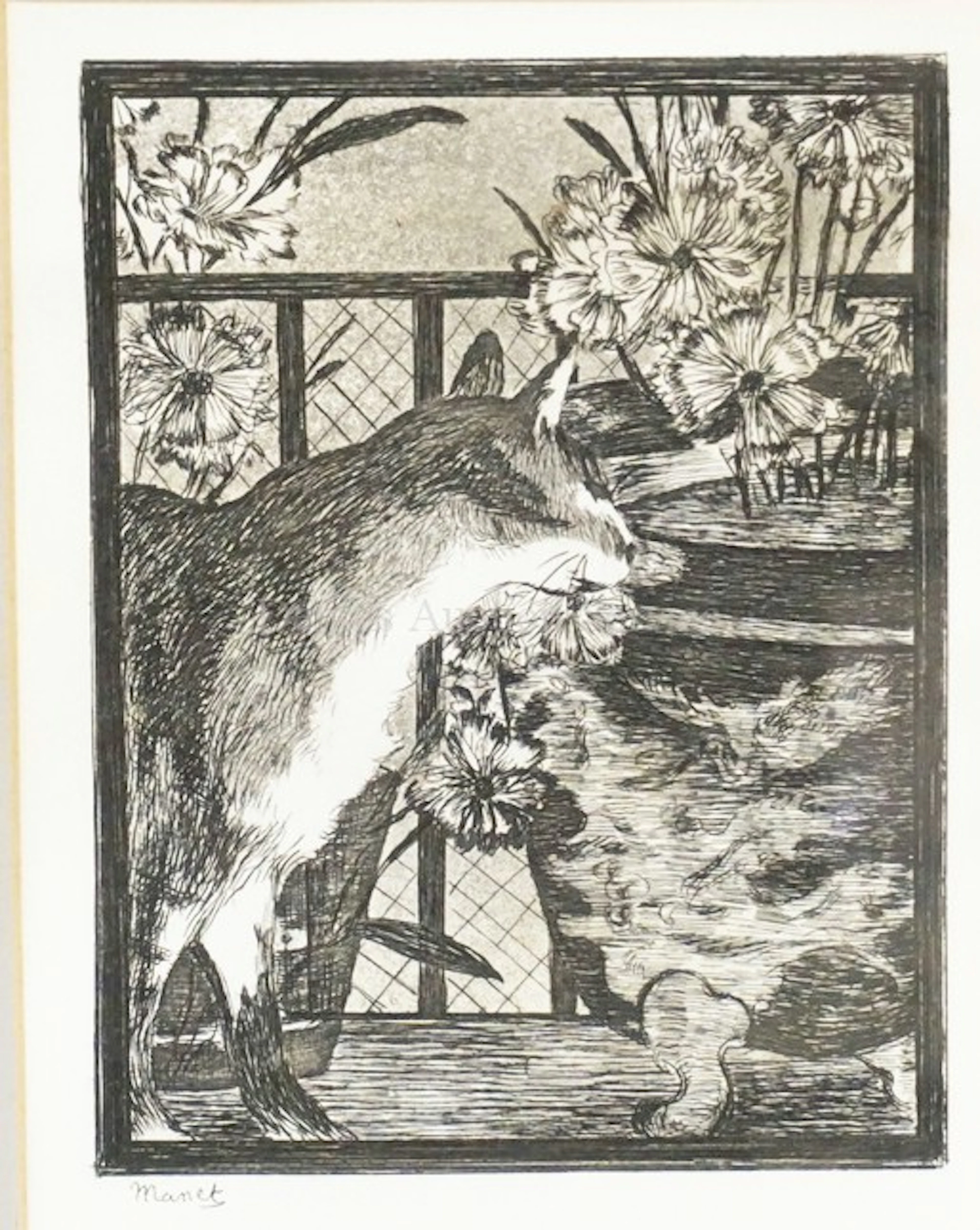 EDOUARD MANET (1832-1883) ETCHING OF A CAT & FLOWERS