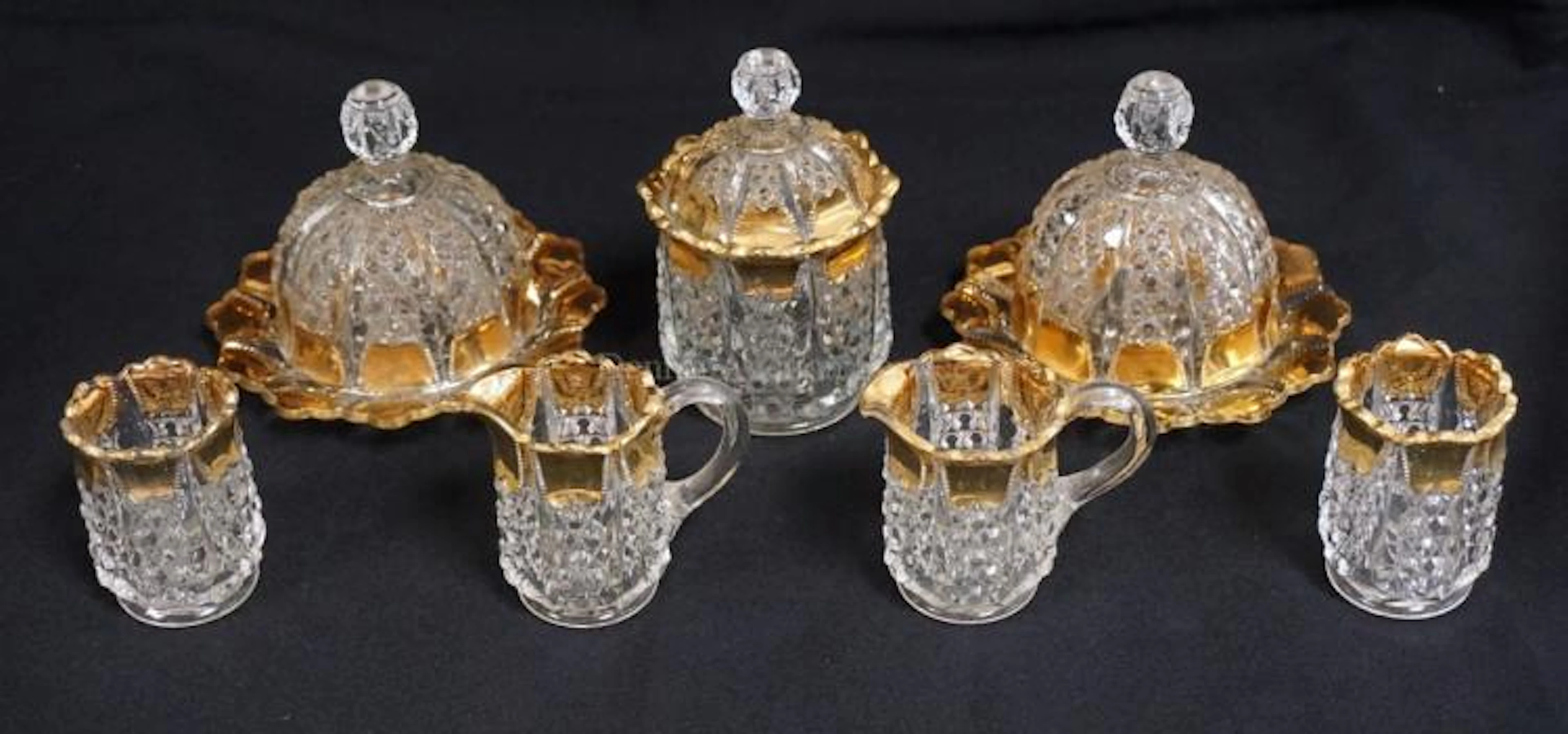 EAPG 7 PIECE DUNCANS BUTTON PANEL TOY GLASS WITH EXCELLENT GOLD