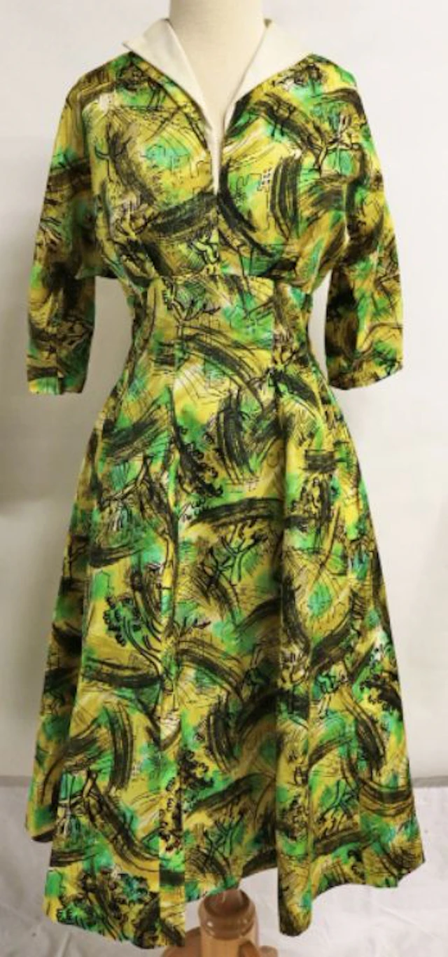 1950s cityscape novelty print taffeta dress !!!!WE SHIP WORLD WIDE!!!!