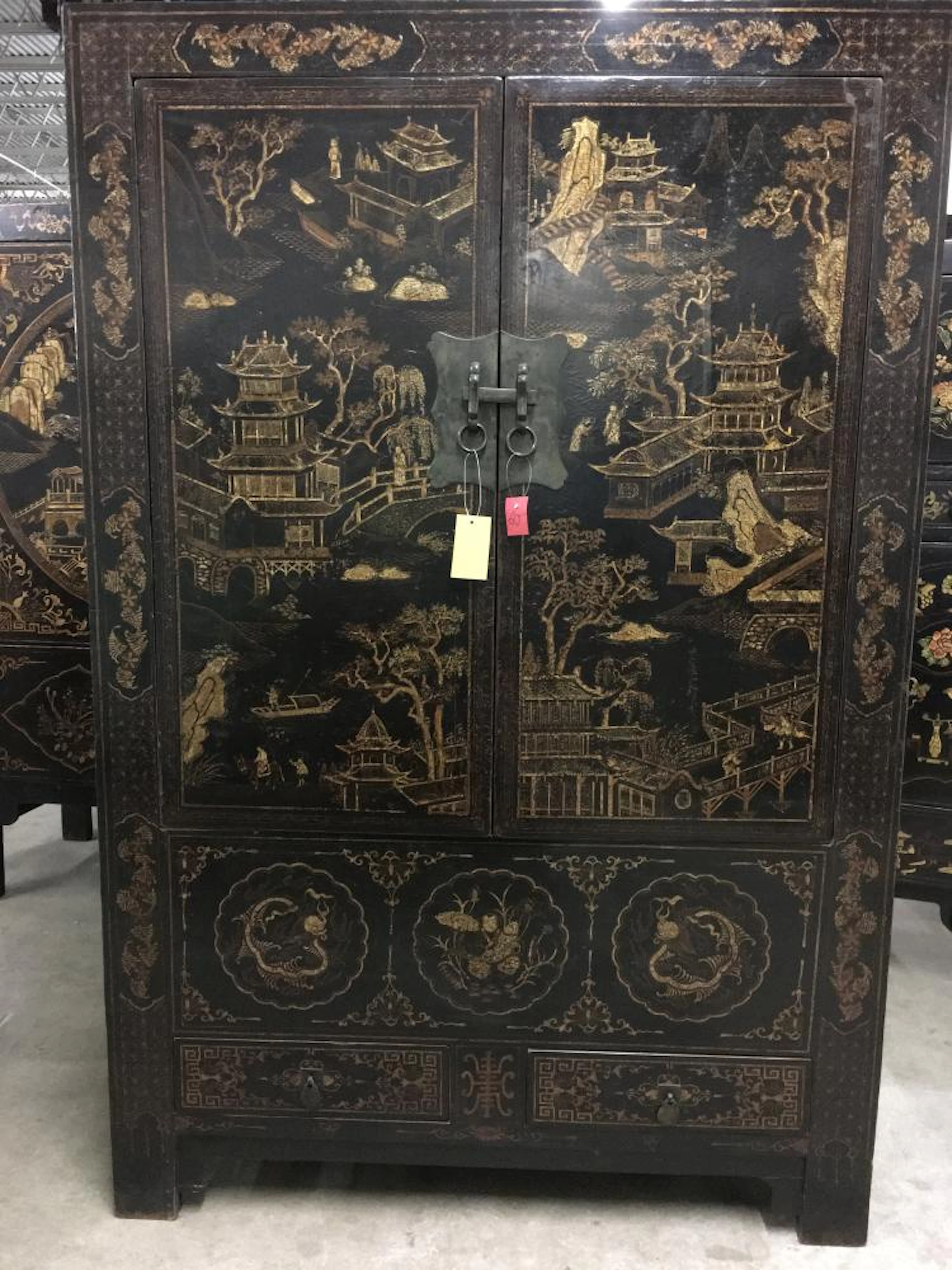 Large Asian Wardrobe, Hand Painted, double doors over 2 draws