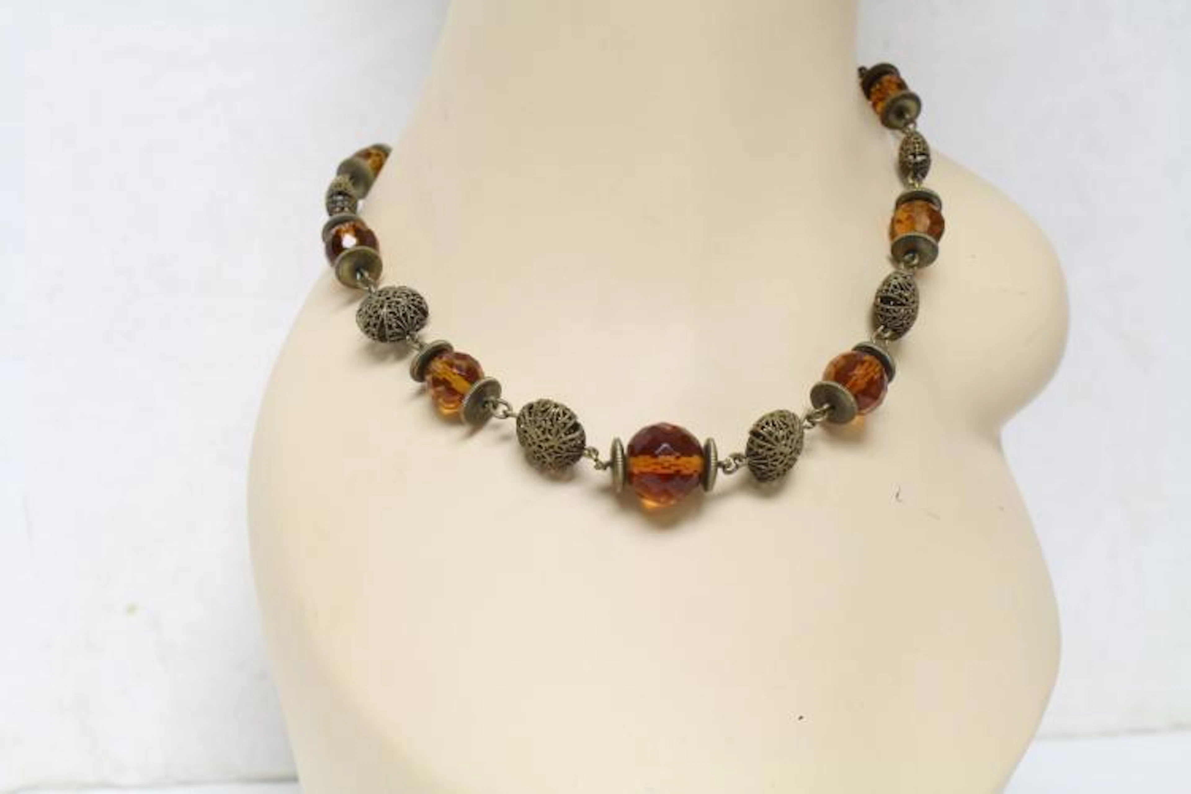 Vintage 1930s Amber Glass & Brass Necklace