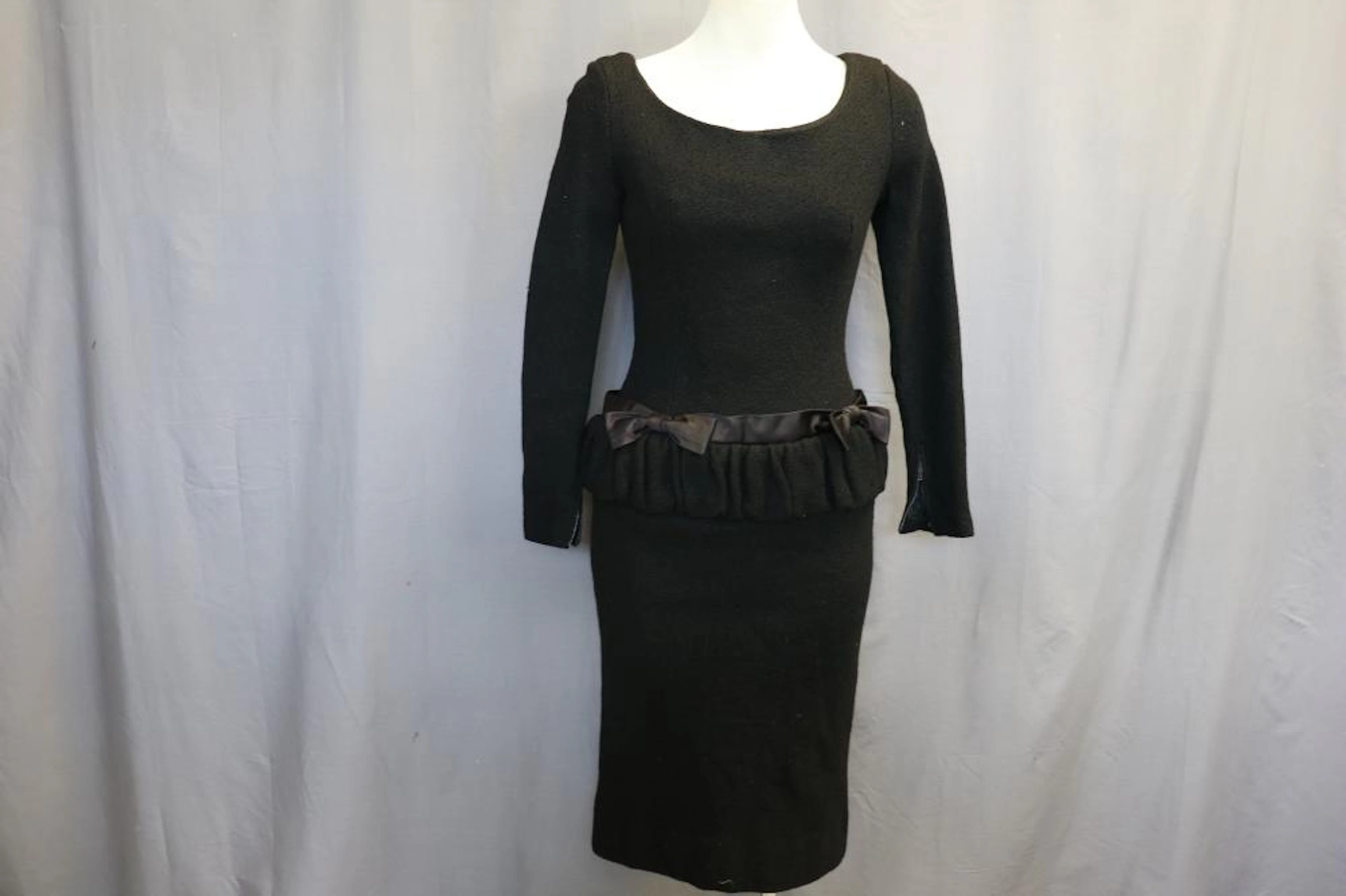 1950's Black Wool Textured Cocktail Dress By Suzy Perette