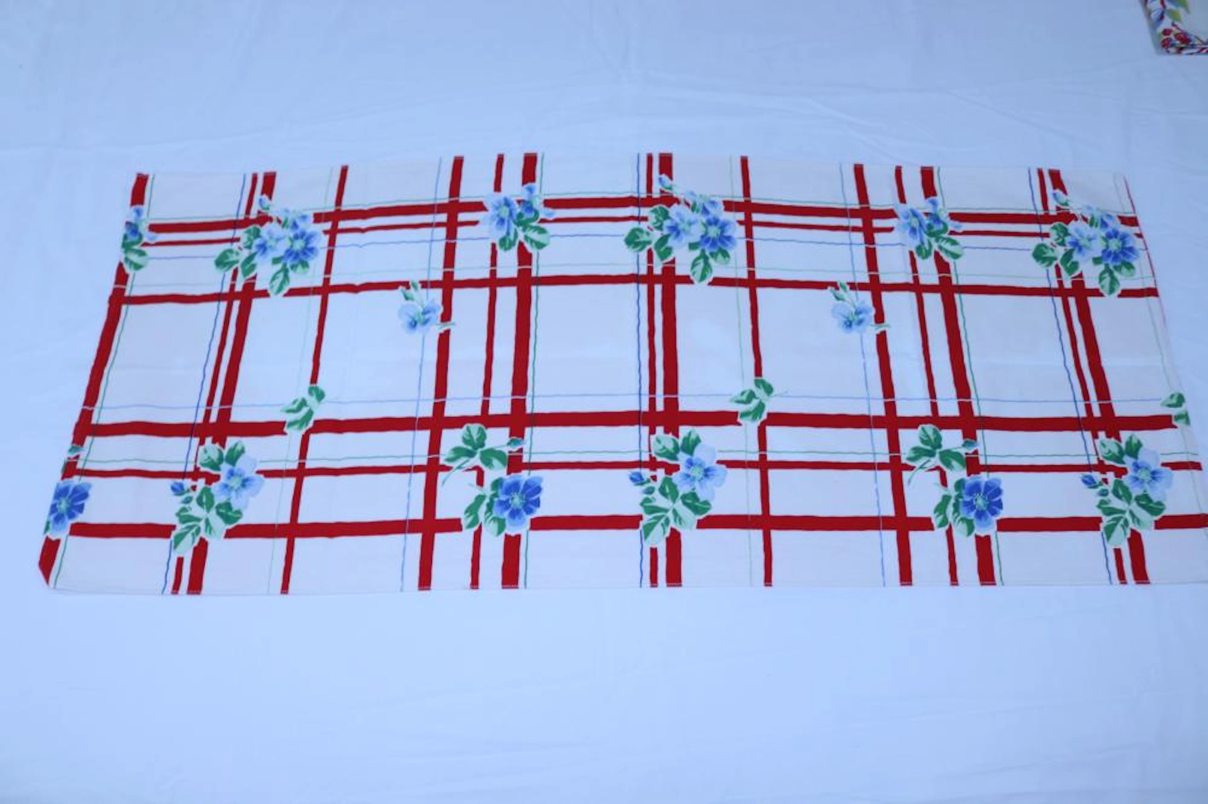 Vintage 1950's Red Stripe & Floral Cotton Printed Table Runner
