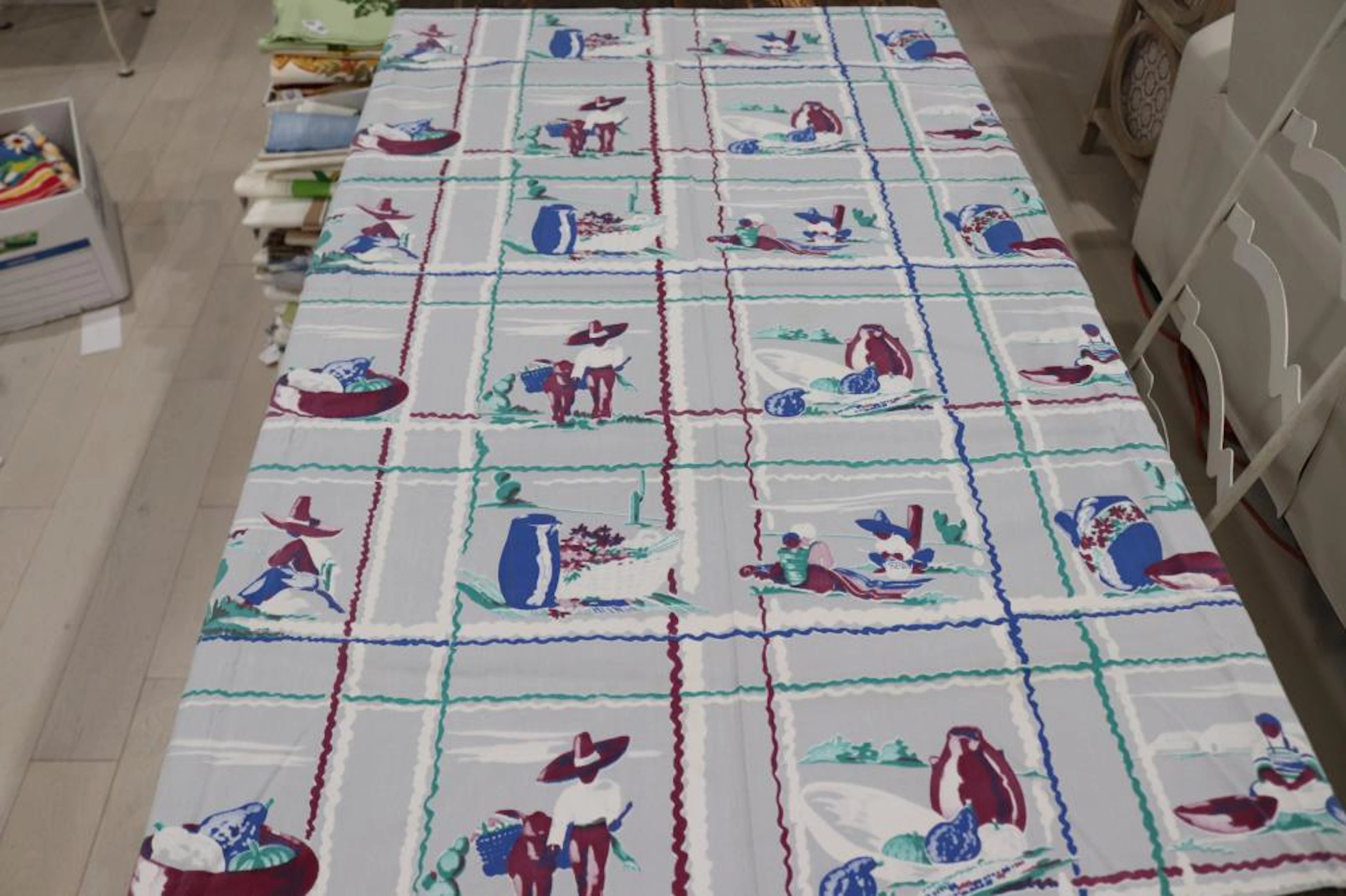 Vintage Wilendur Blue & Gray Mexican Print Kitchen Tablecloth