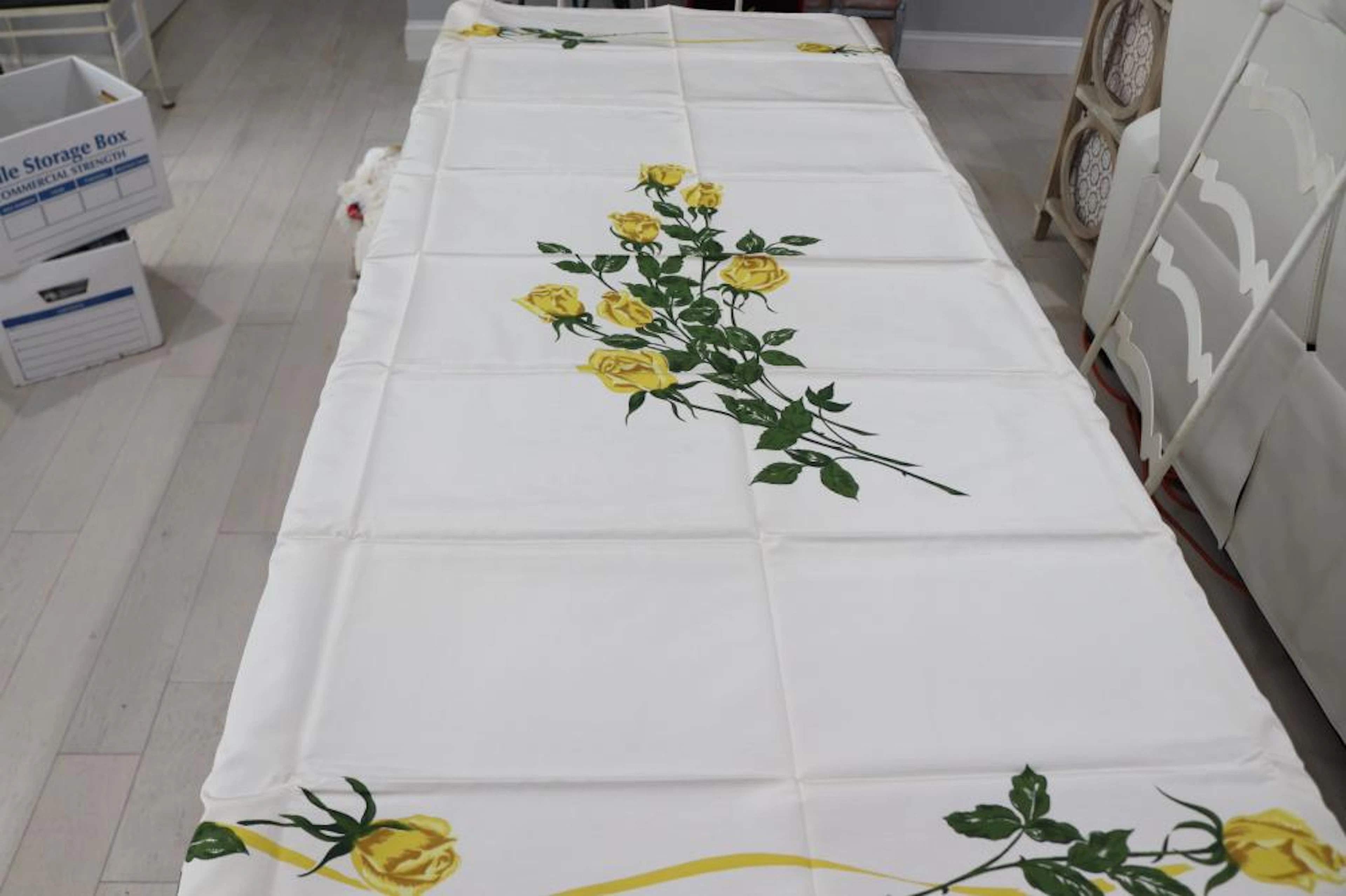 Vintage California Hand Prints Hearts Desire in Yellow Tablecloth