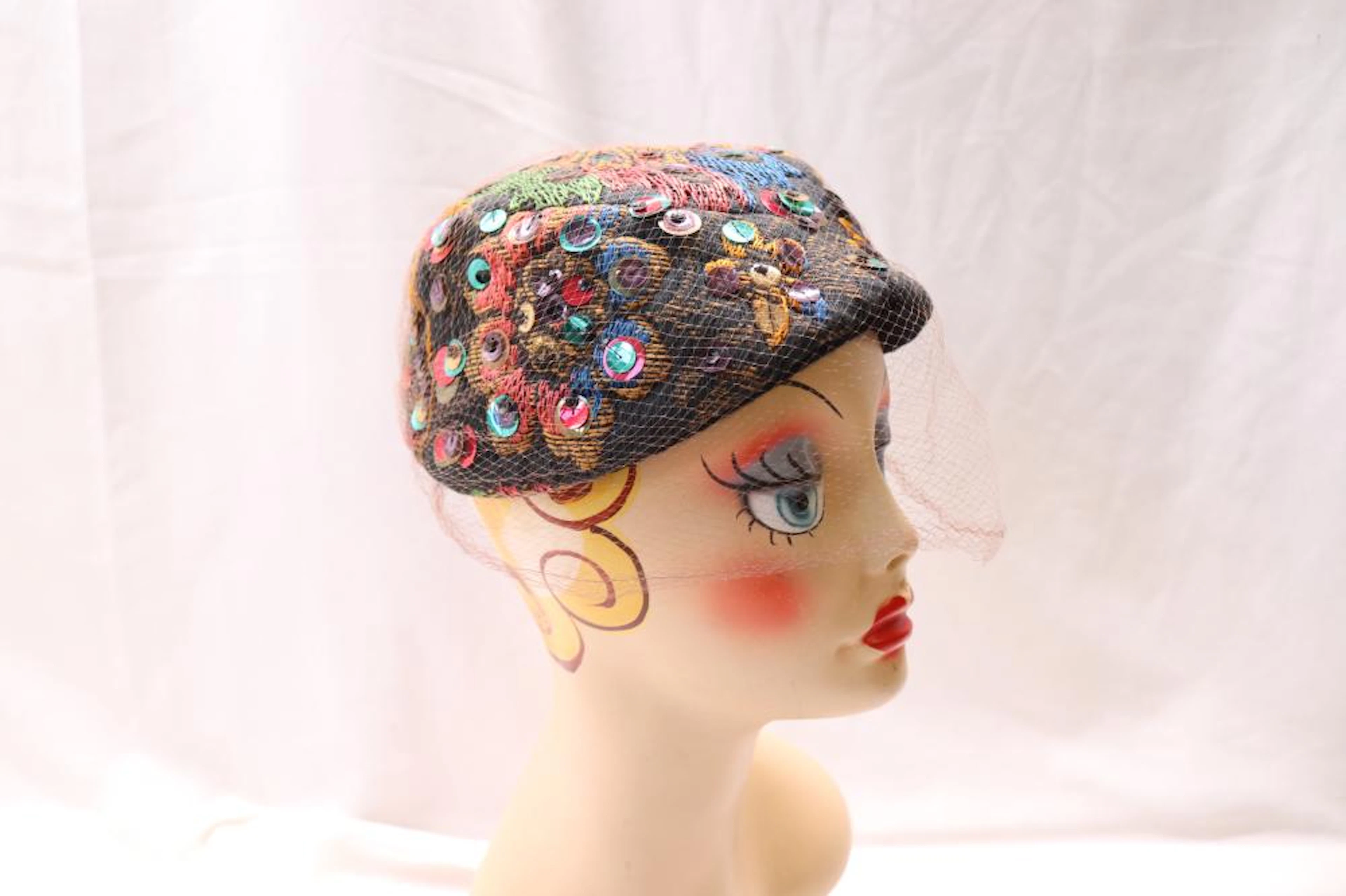 Vintage 1960's Lilly Dache' Embroidered & Sequin Cloche