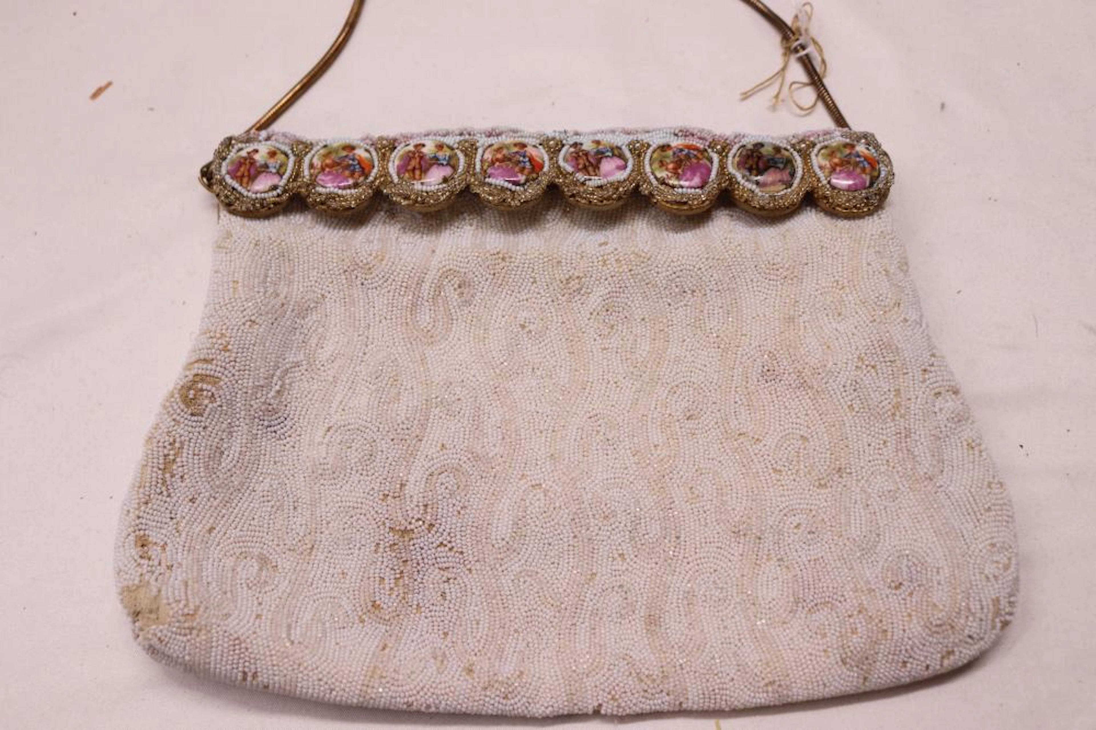 Vintage 40/40's Beaded Walborg Purse with Figural Ceramic Medallions