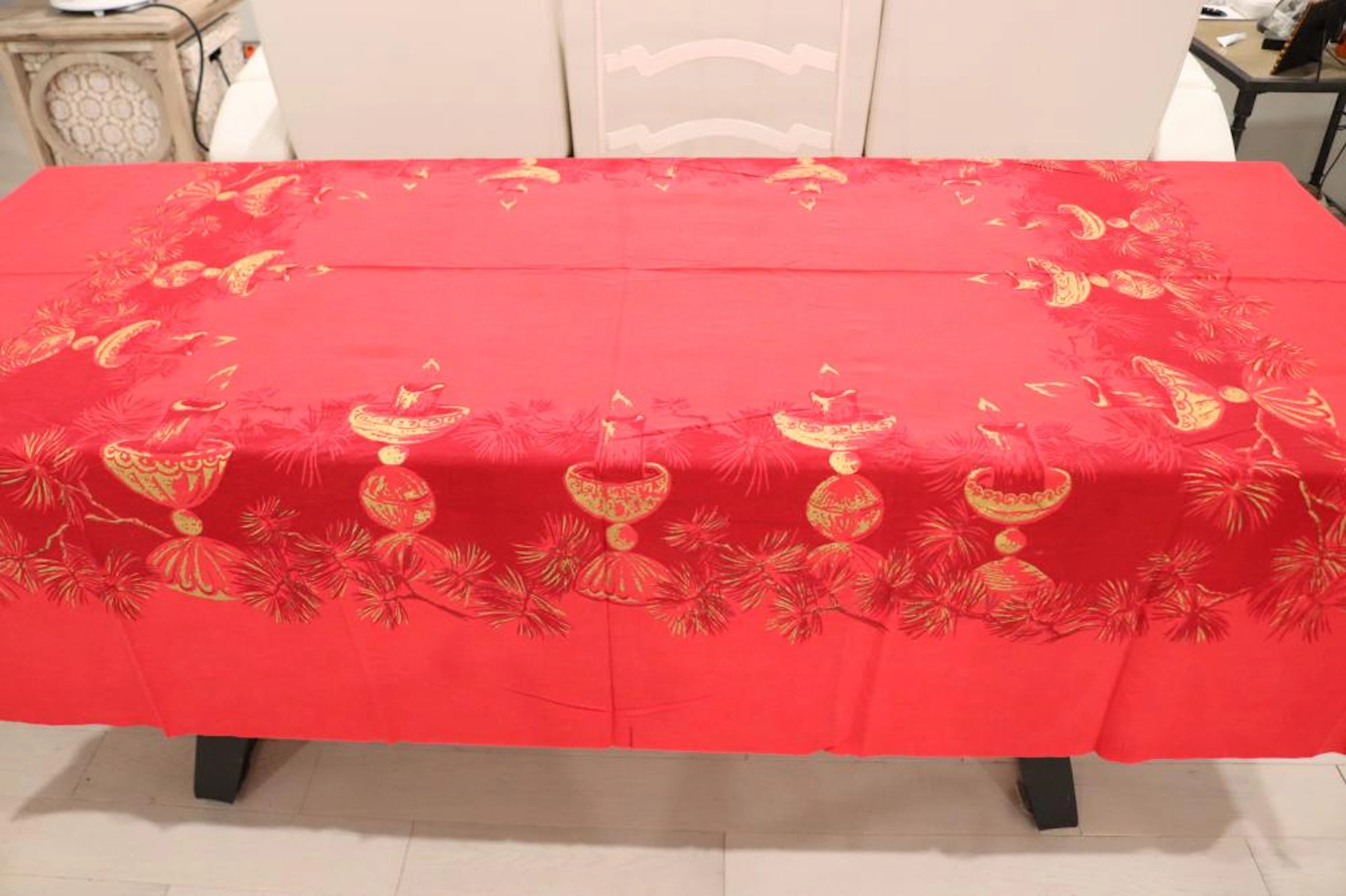 Vintage Red & Gold Printed Christmas Tablecloth, California Hand Prints