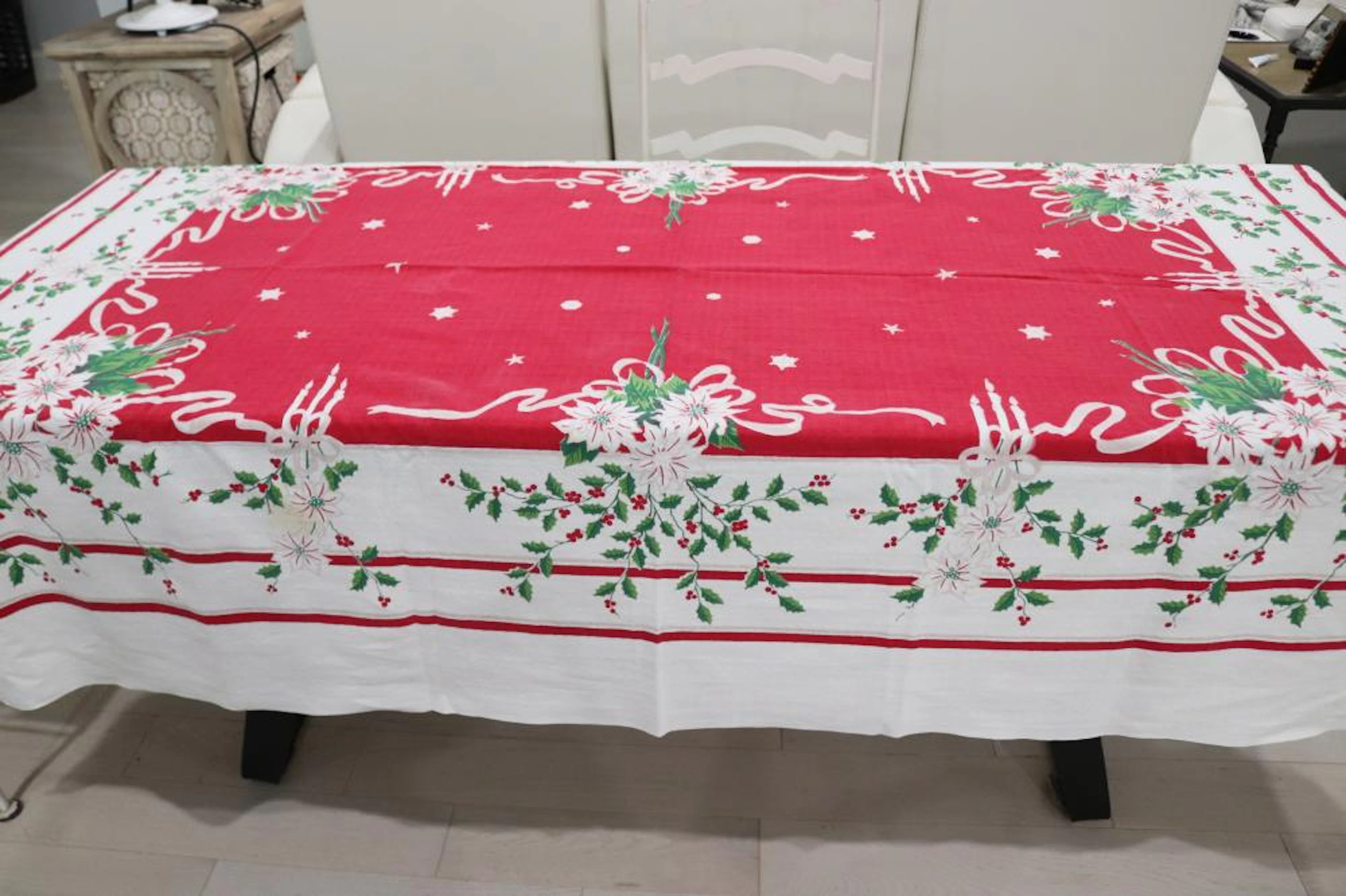 Vintage Printed Cotton Christmas Tablecloth