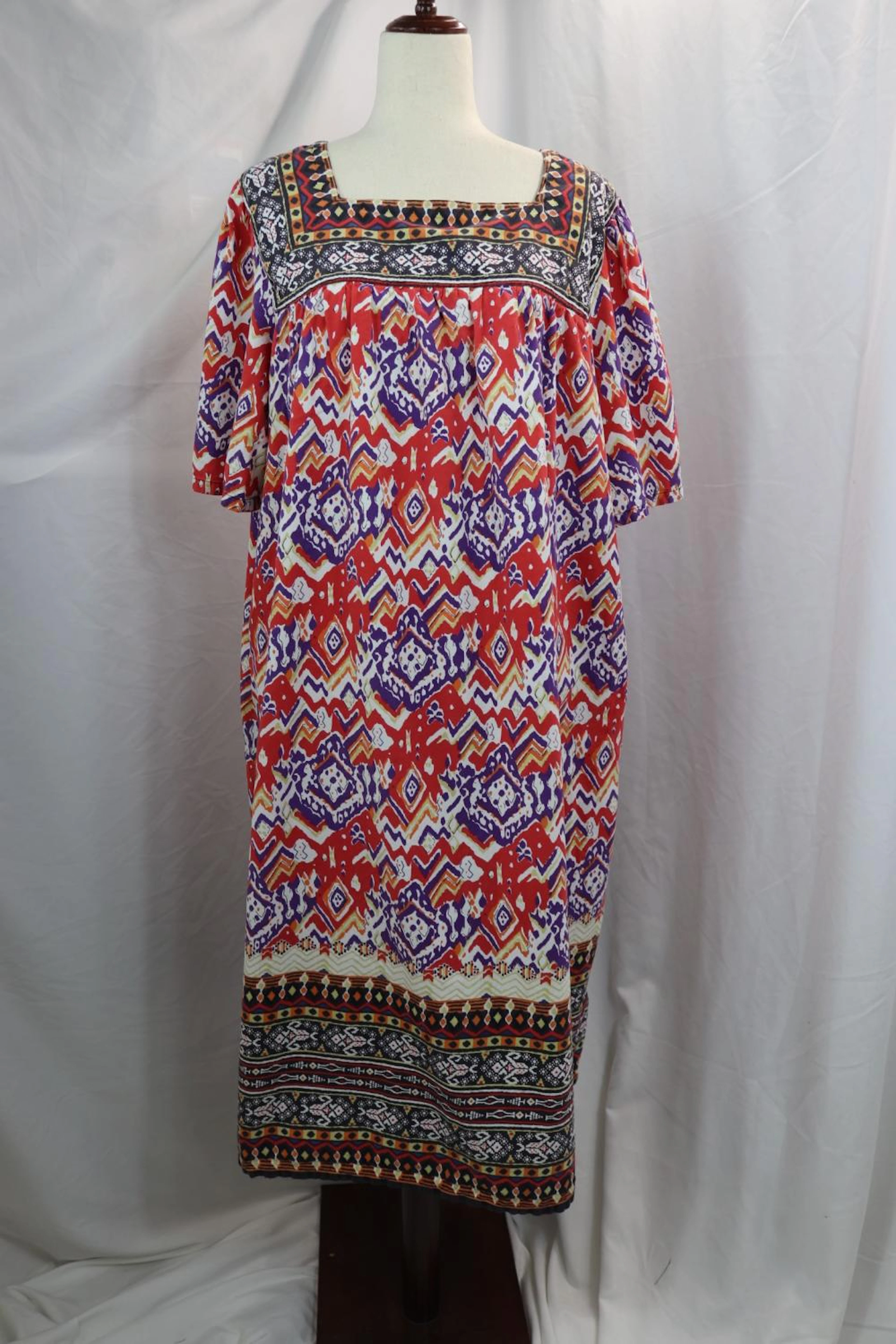 Vintage 1970's Nashional Ethnic Batik Print Cotton House Dress