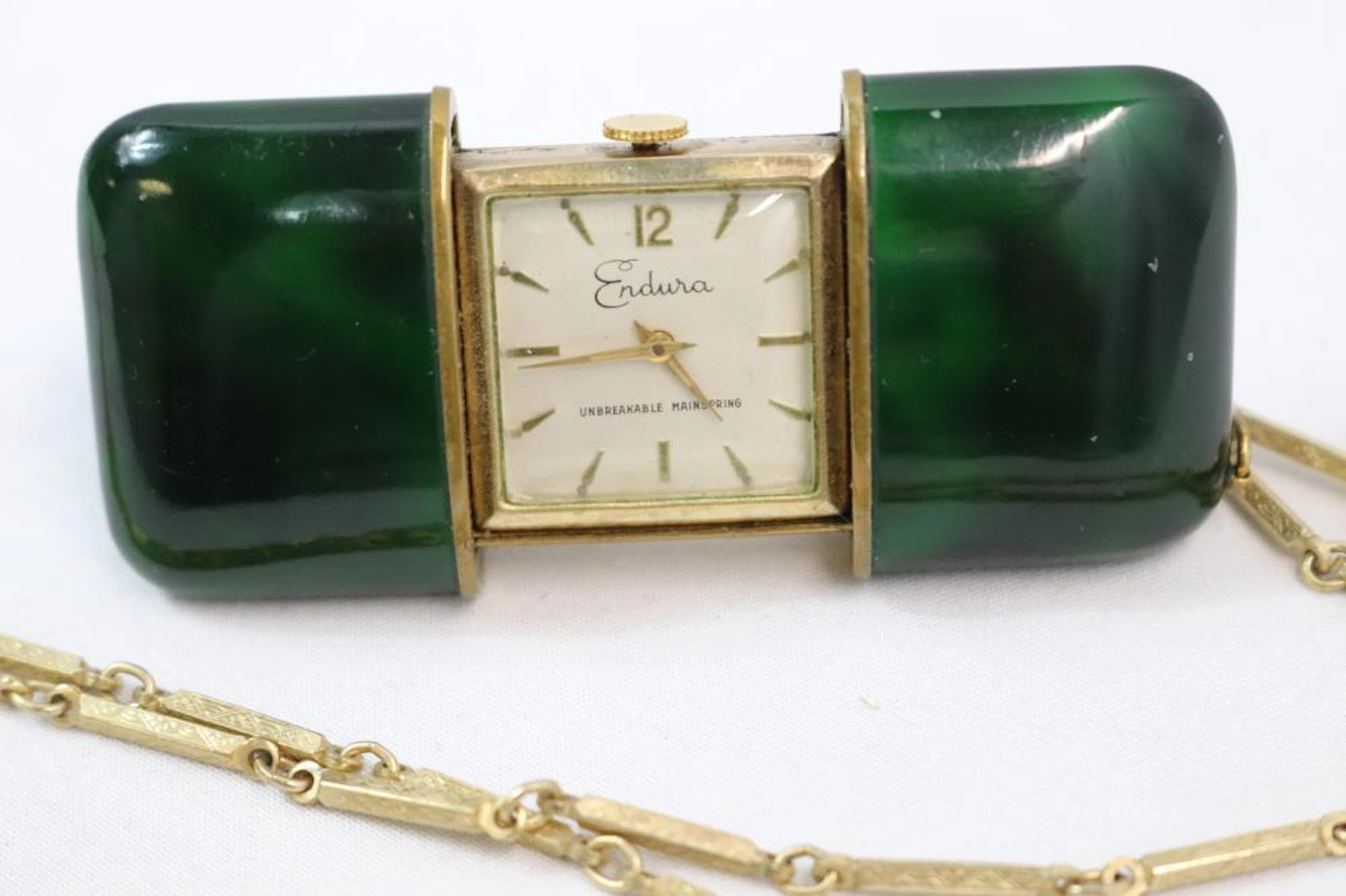 Vintage Endura Watch Necklace Pendent with Sliding Enamel Case