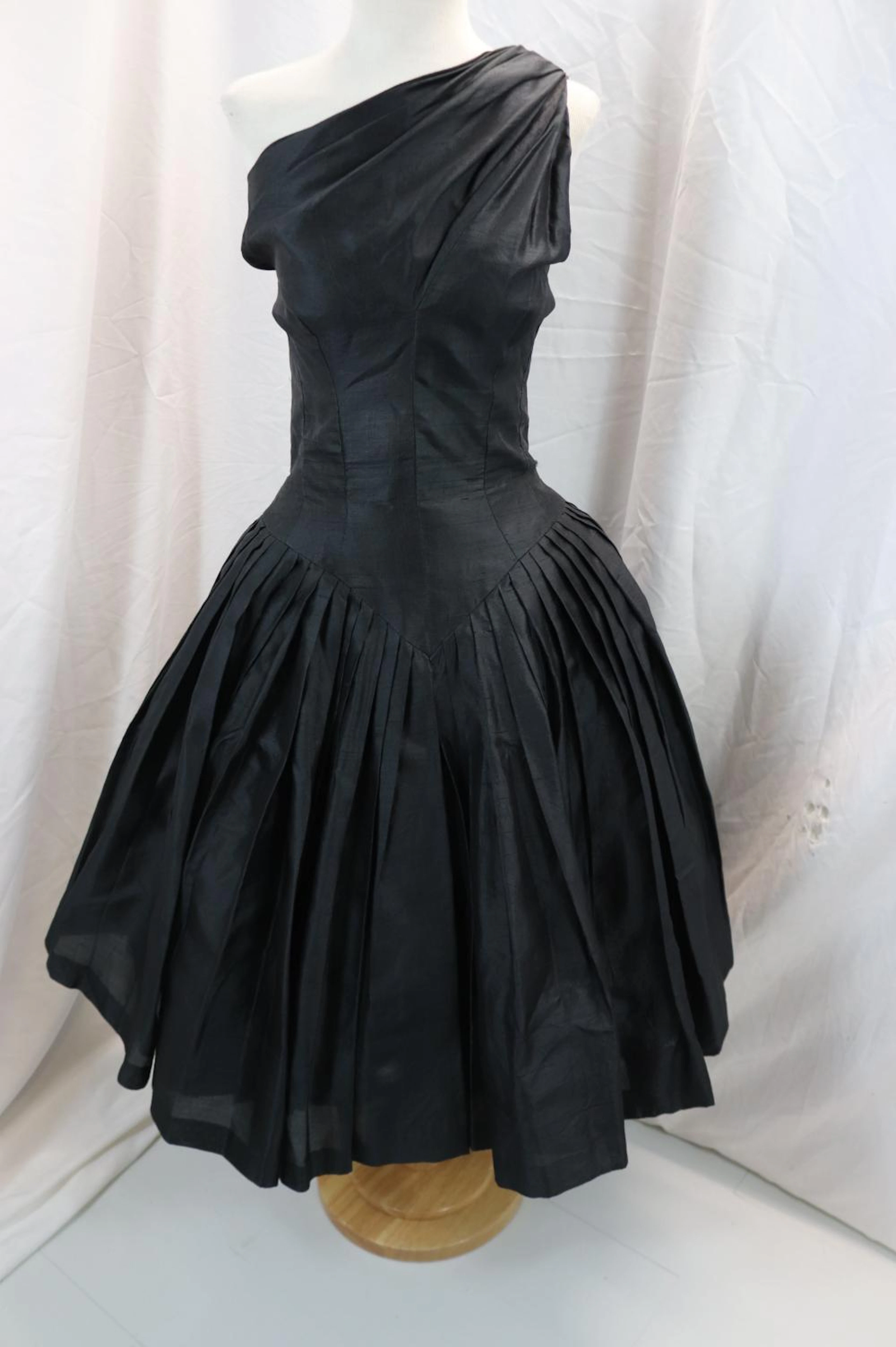 Vintage 1950's Suzy Perette Black Silk One Shoulder Dress