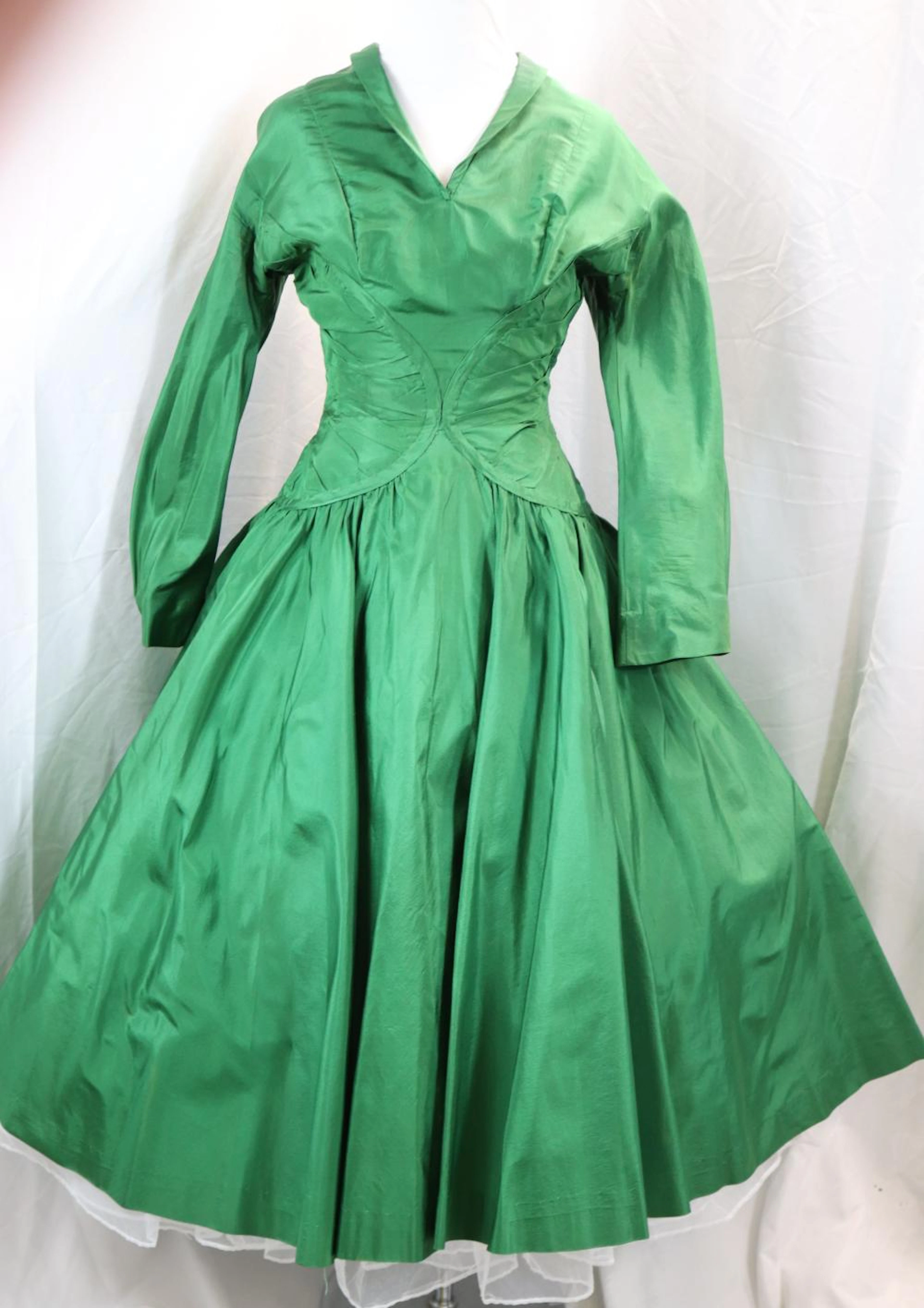 Vintage 1950's Ceil Chapman Green Silk Taffeta Circle Dress