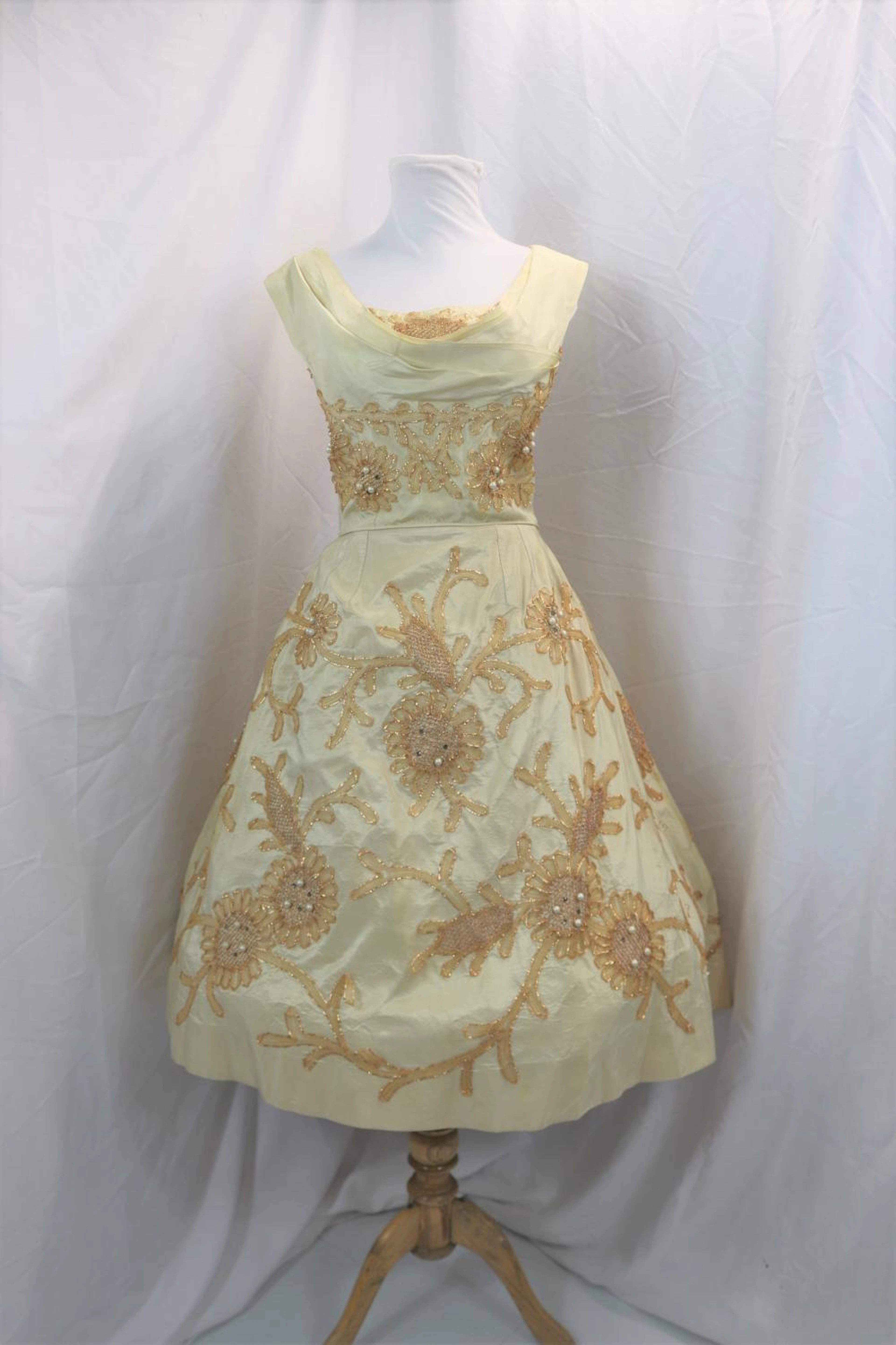 Vintage 1950's Ceil Chapman Taffeta Dress with Gold Metallic Applique