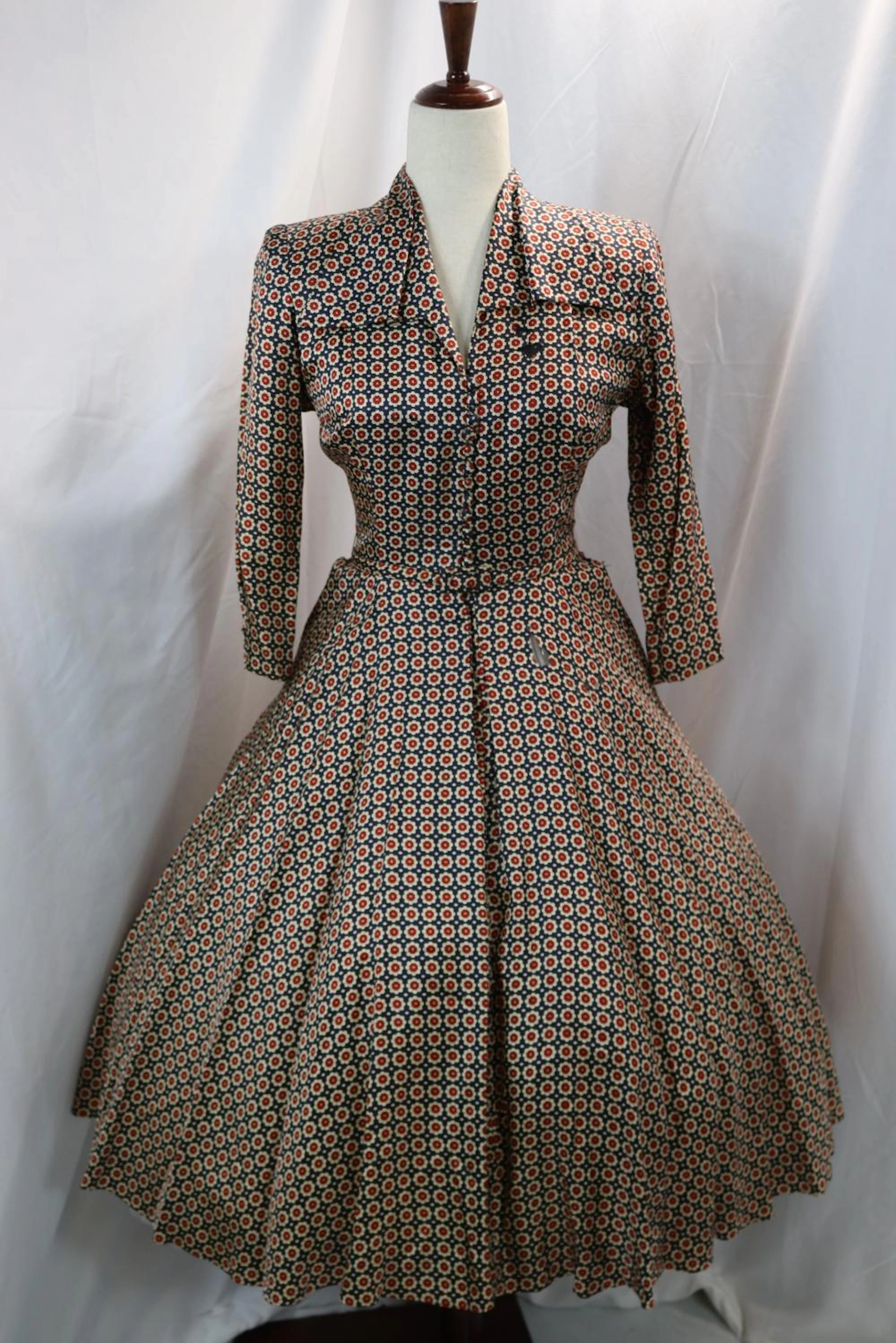 vintage 1950's Ceil Chapman navy blue & red rayon fit & flare shirt waist dress