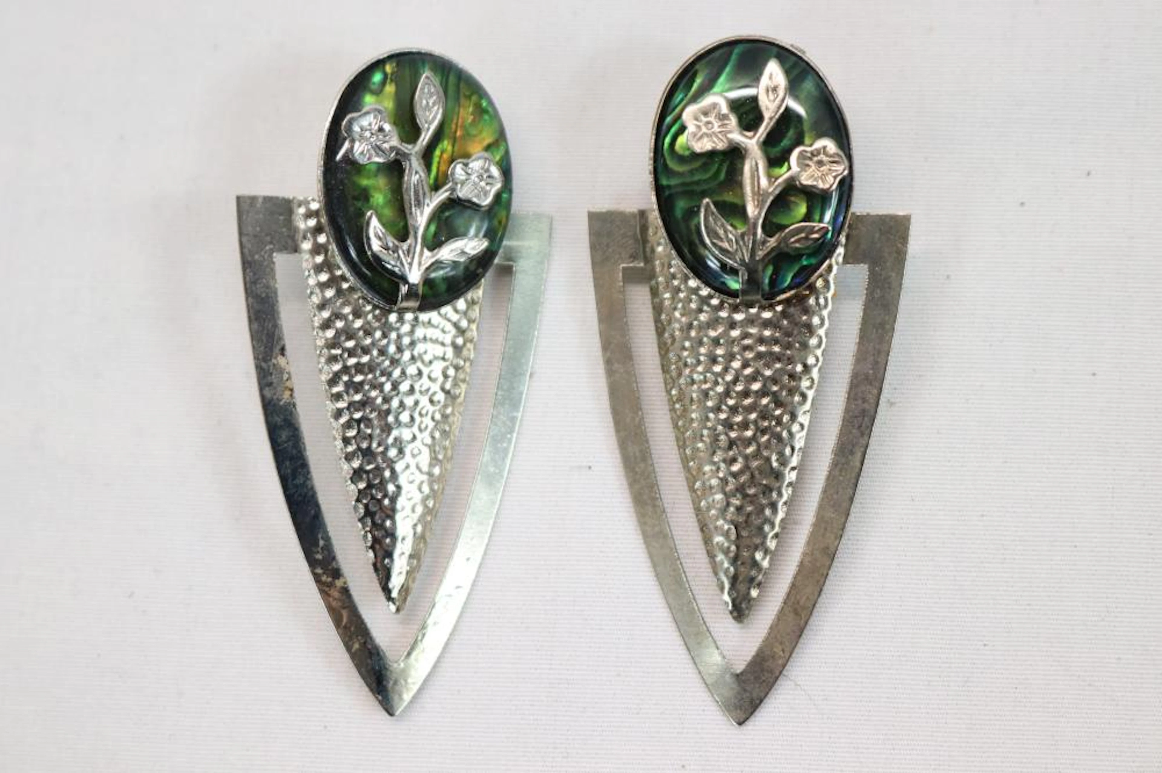 Vintage Paper Clip Style Earrings with Green Stone & Flower Applique