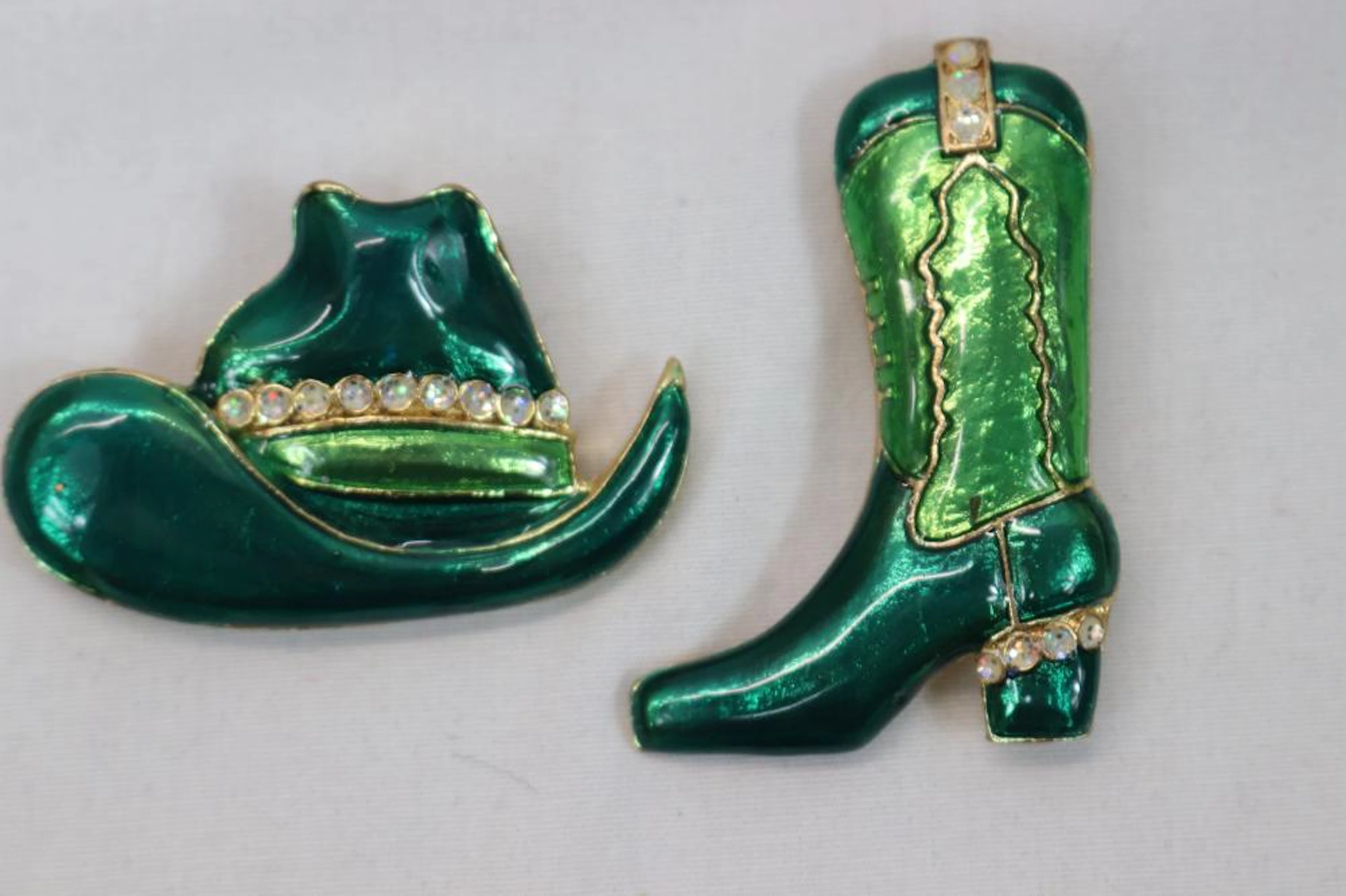 Vintage Green Enamel & Rhinestone Cowboy Hat & Boot Broches