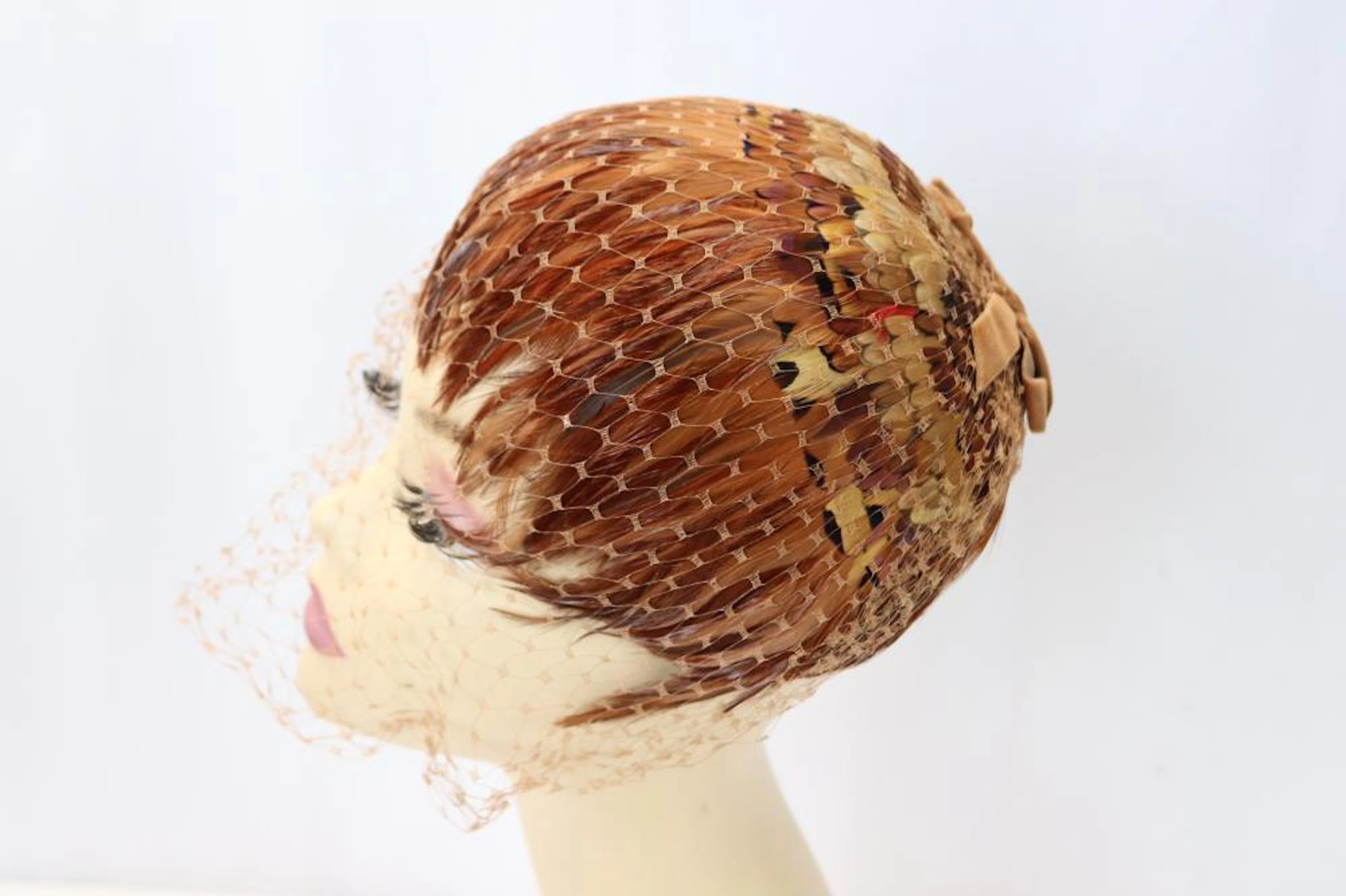 Vintage 1950's Cele Logan Brown Feather Casque Hat with Veil