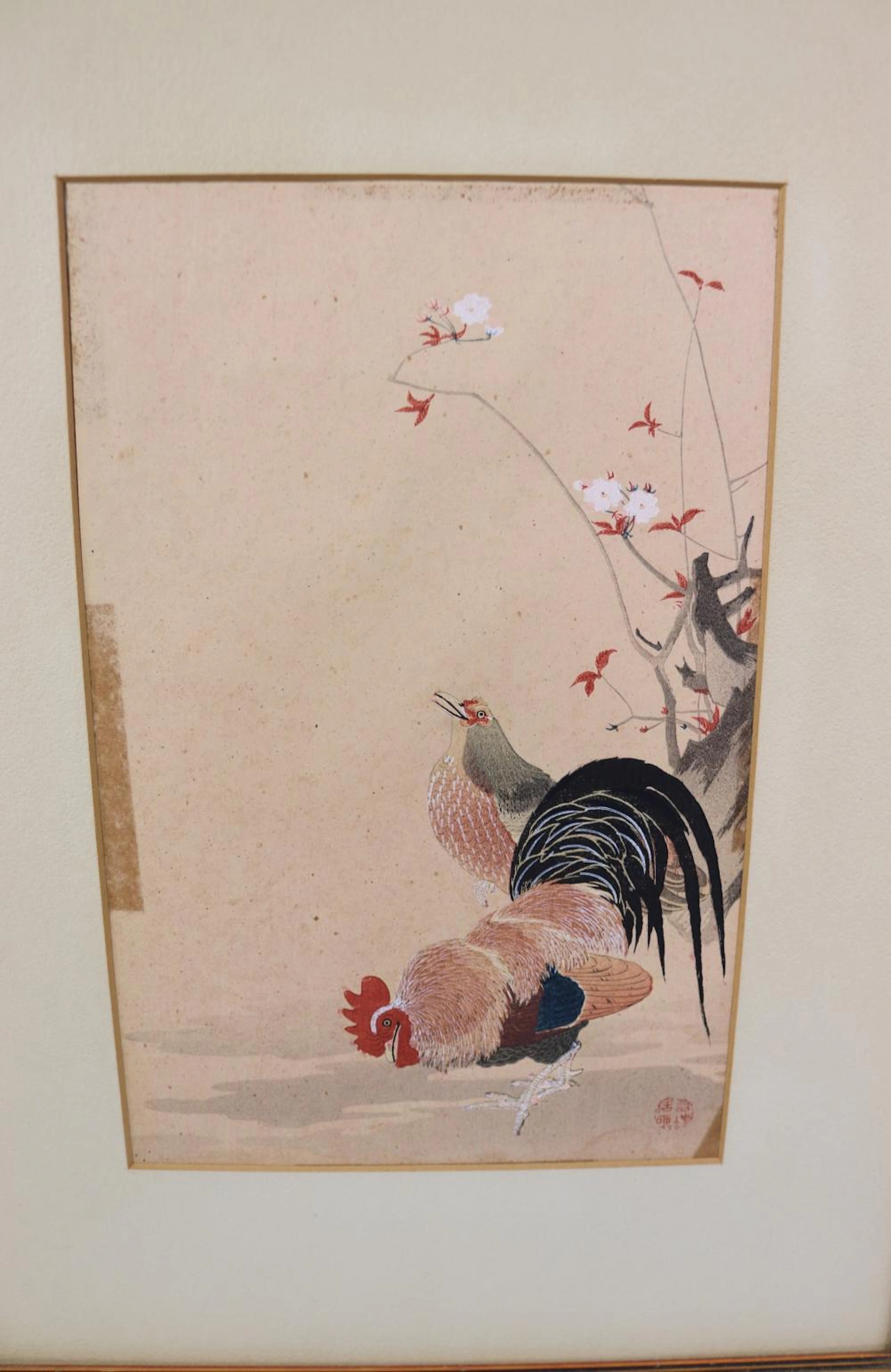 Antique Signed Ito Jakuchu Wood Block Print "Fowls" with Information on Back