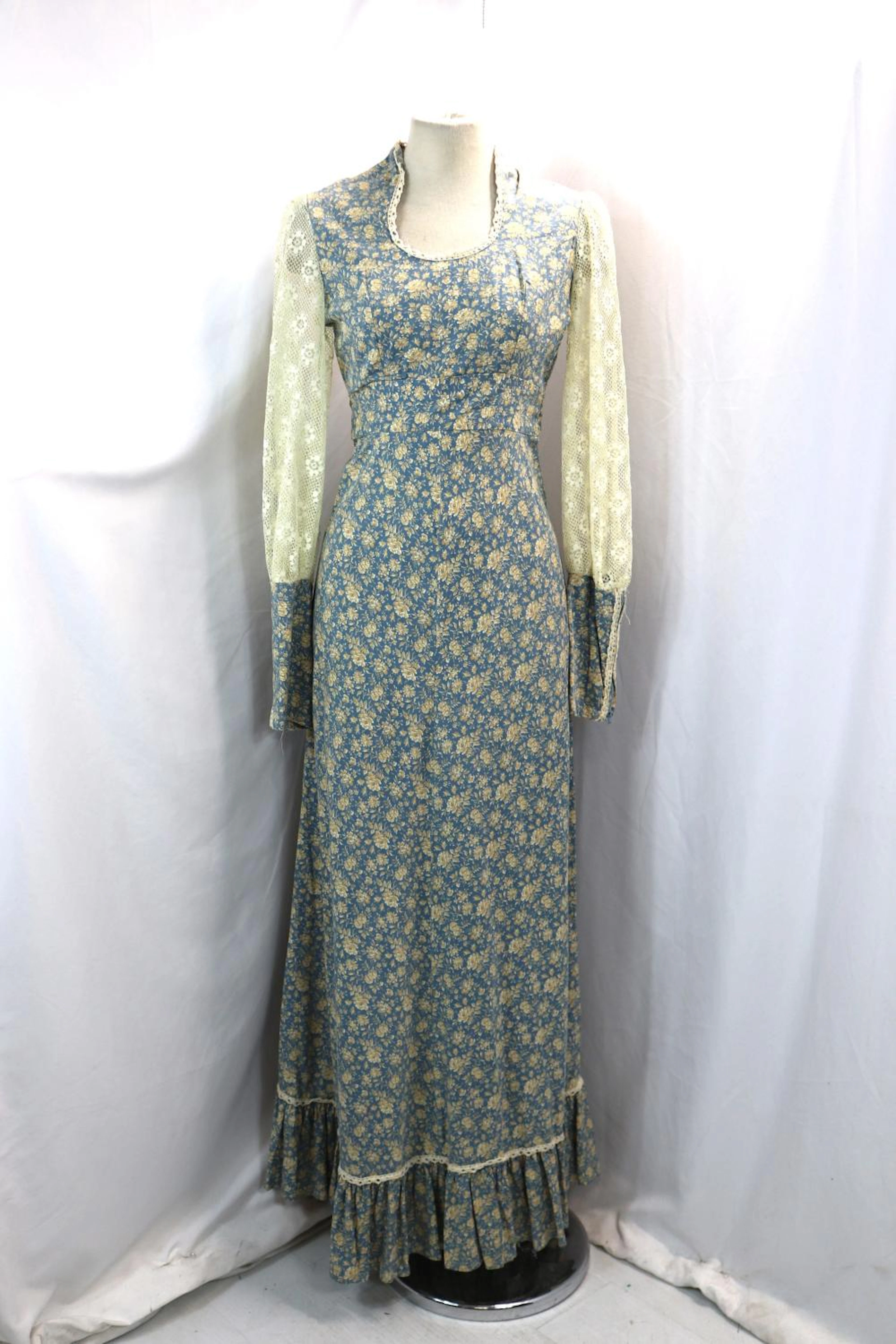 Vintage 1970's Blue Floral Cotton & Lace Maxi Dress, Gunne Sax Style
