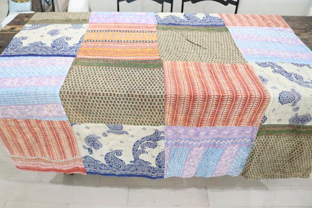 Antique Asian Batik Cloth Double Sided Hand Stitched Quilt 54x54