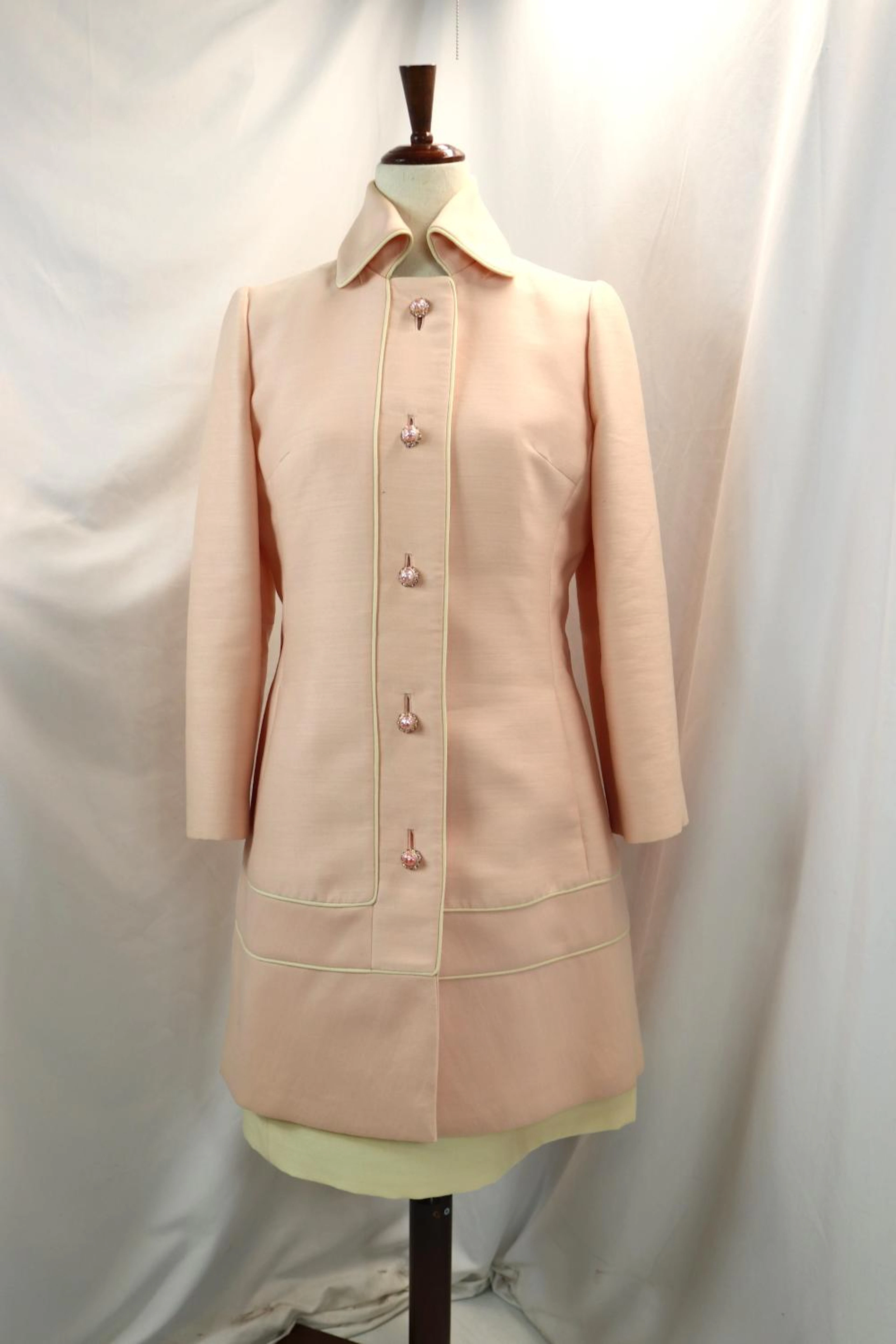 Vintage 1960's Lilli Ann Pink & Cream Dress & Coat Set with Rhinestone Buttons