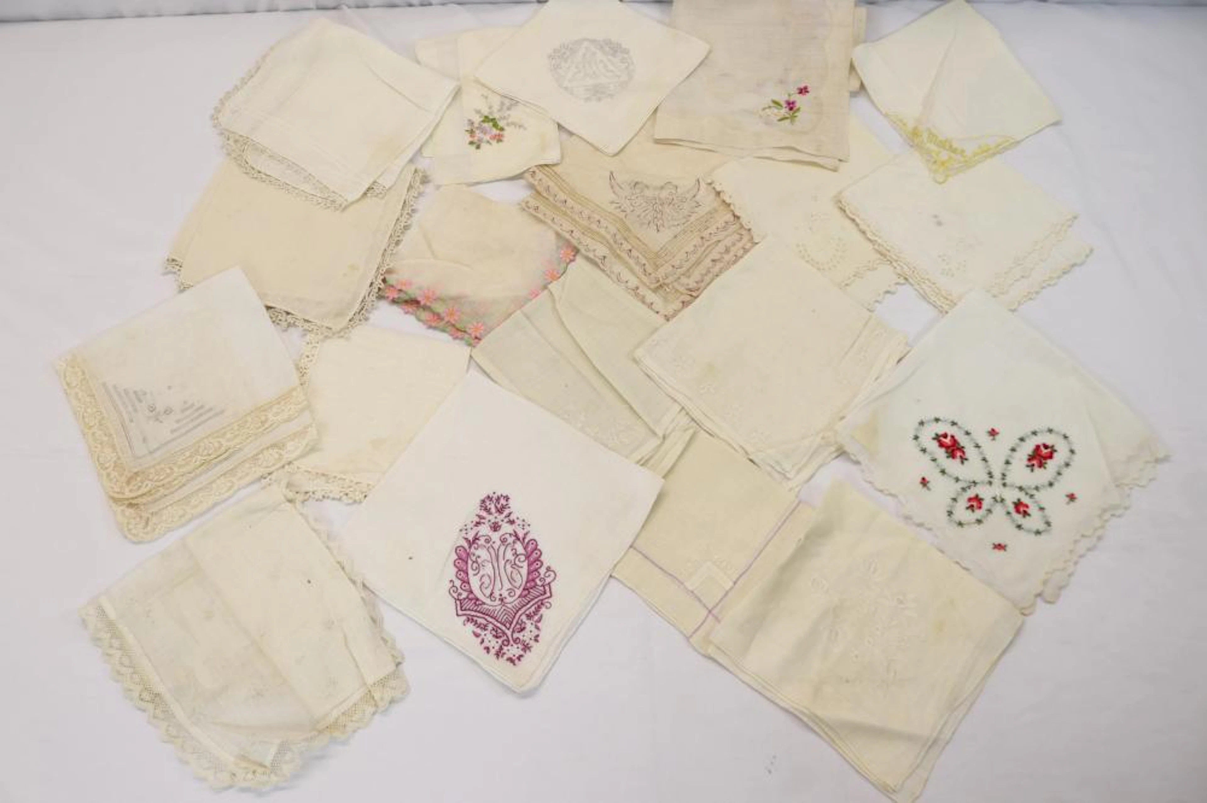 Lot of 20 Vintage Handkerchiefs, Embroidered Lace, & Applique