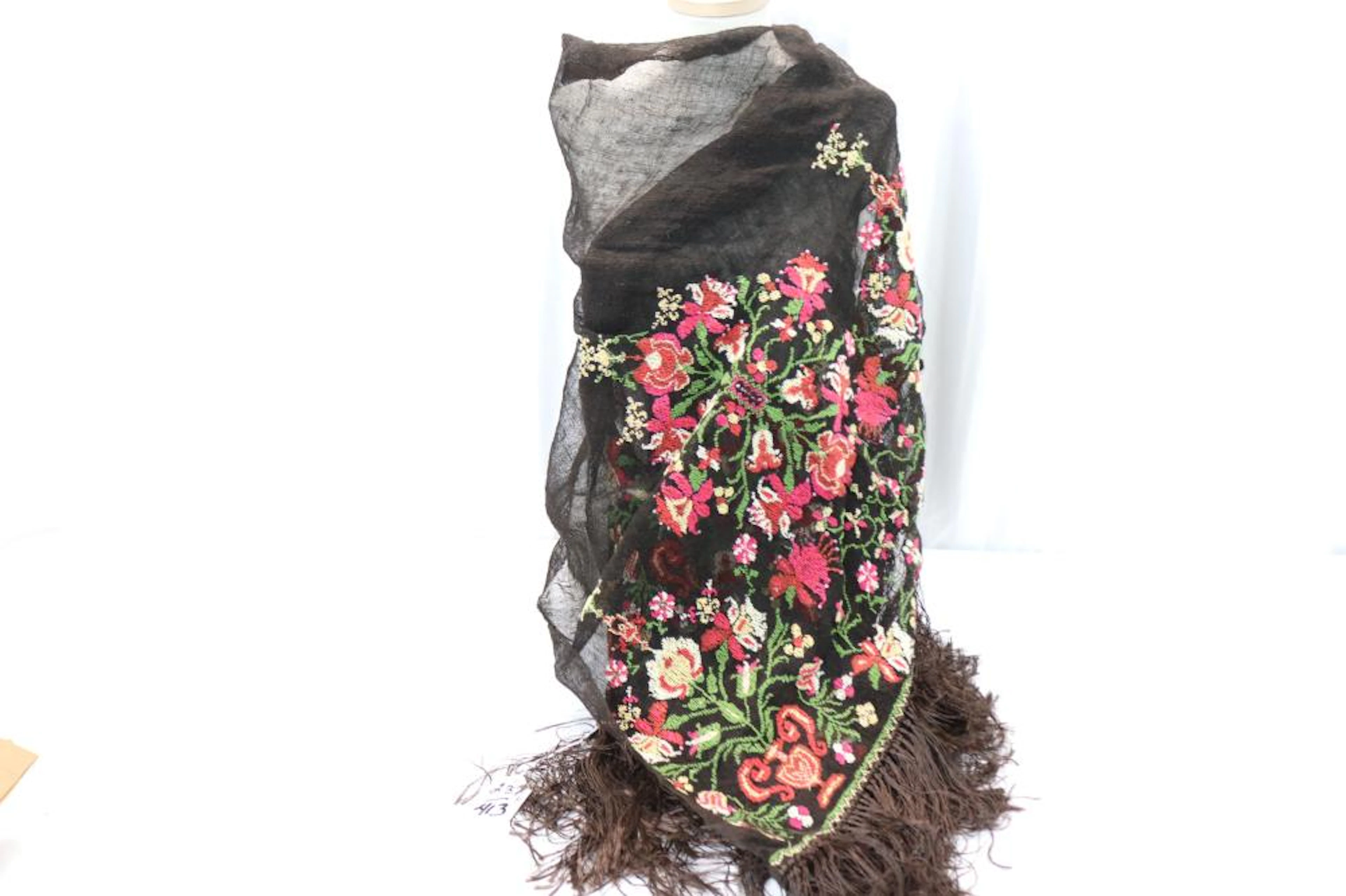 Vintage Embroidered & Beaded Cheese Cloth Fringed Shawl