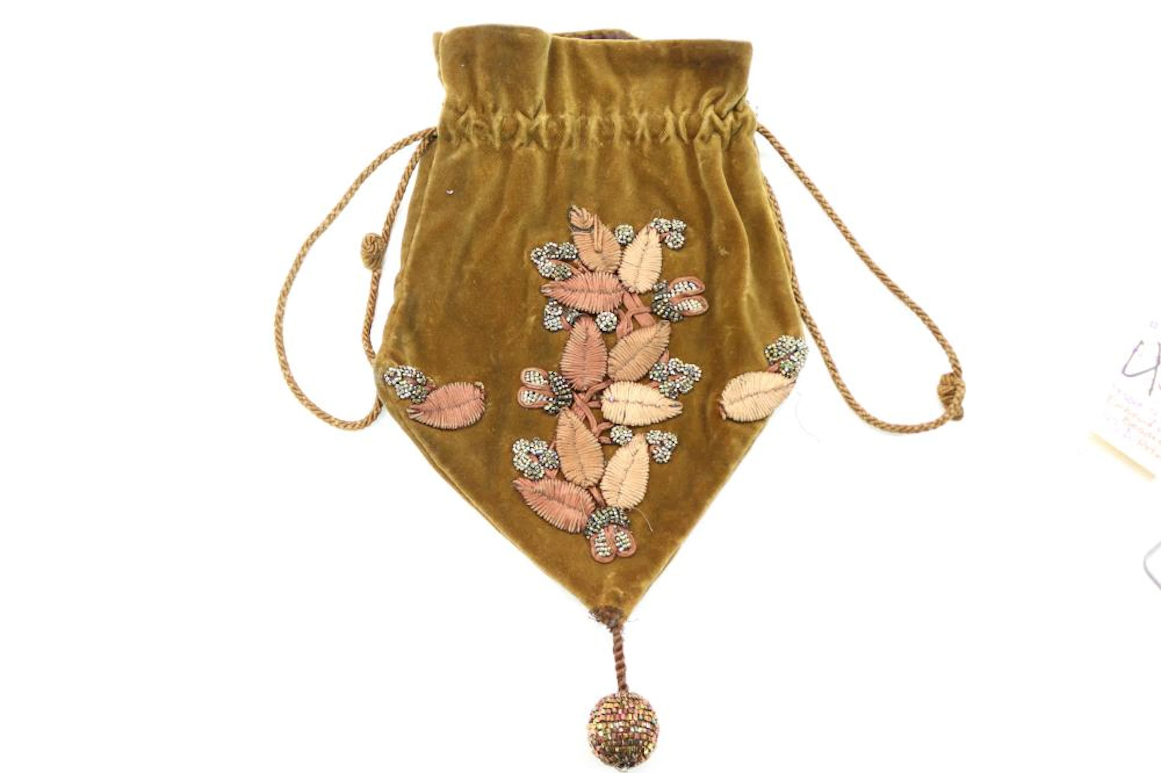Antique Brown Velvet Draw String Purse with Beading, Embroidery & Beaded Tassel