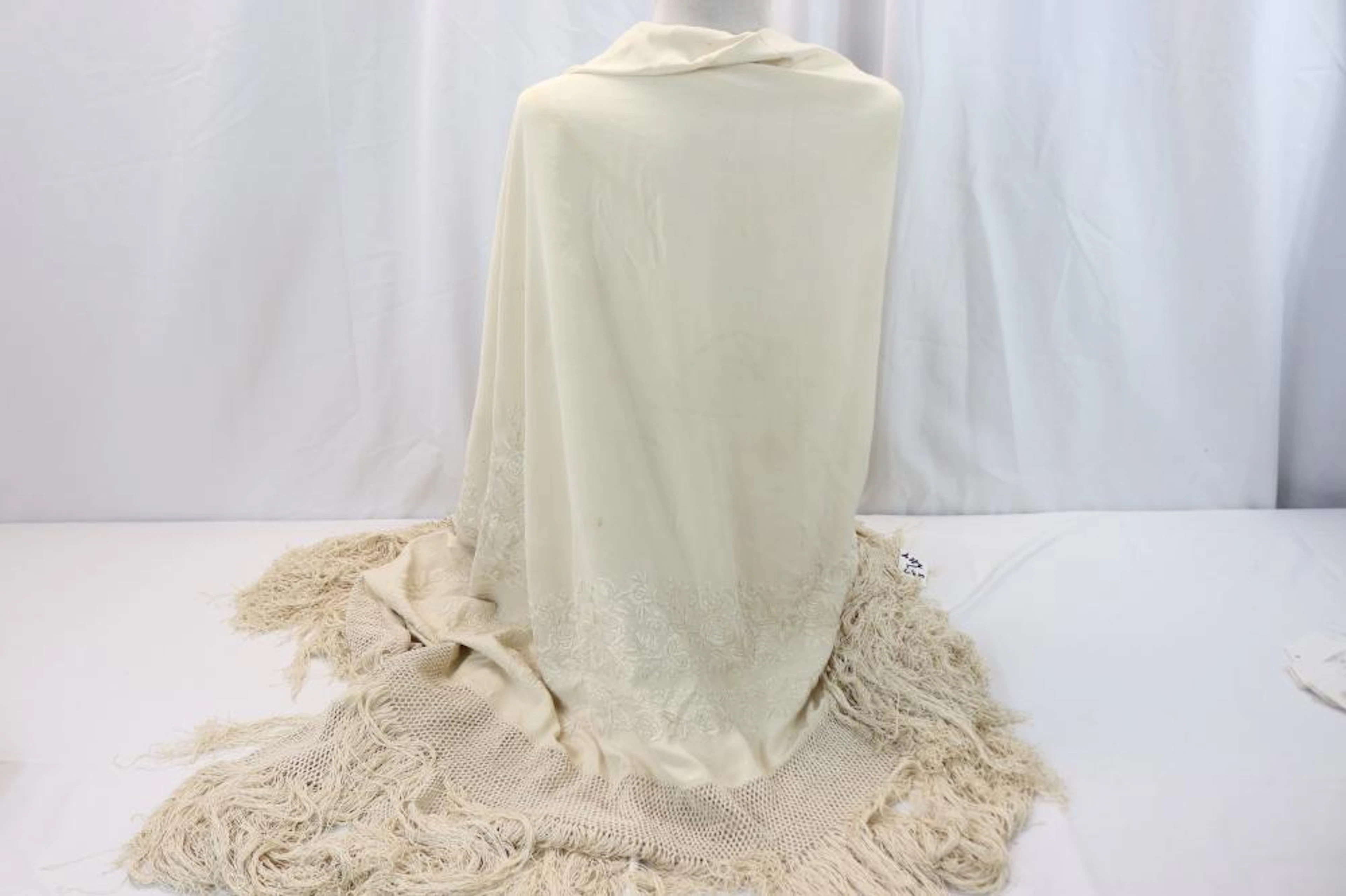 Vintage 1920's Canton Embroidered Ivory Color Piano Shawl