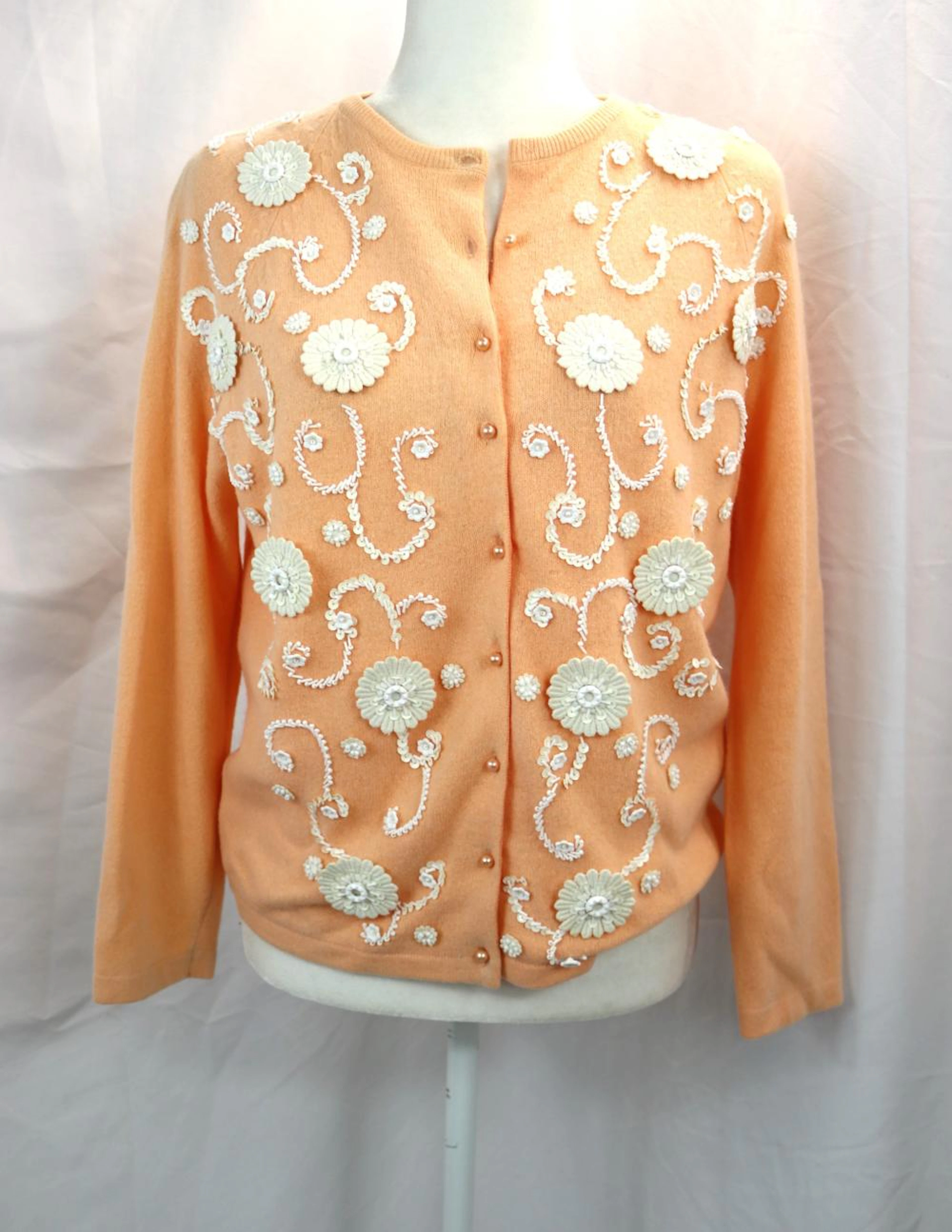 Vintage 1950's Cavanagh's Peach Beaded, Sequin & Applique Cardigan Sweater