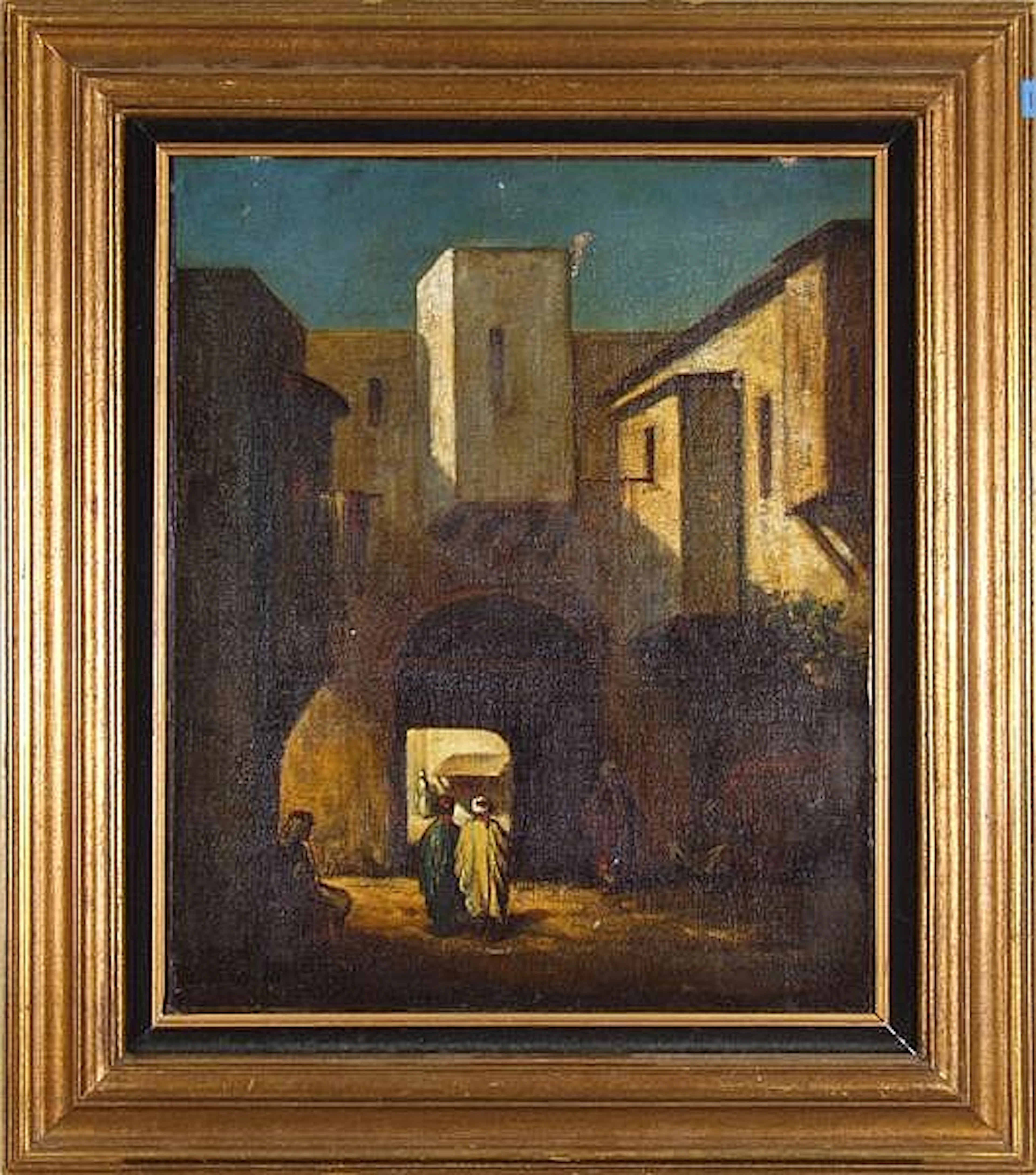 PROSPER MARILHAT, ATTRIBUTED (French 1811-1847) Arab men in bazaar, oil on canvas, indistinctly signed lower left. Contained in newer distressed gilt frame. Condition: original 19th c. crossbraced str
