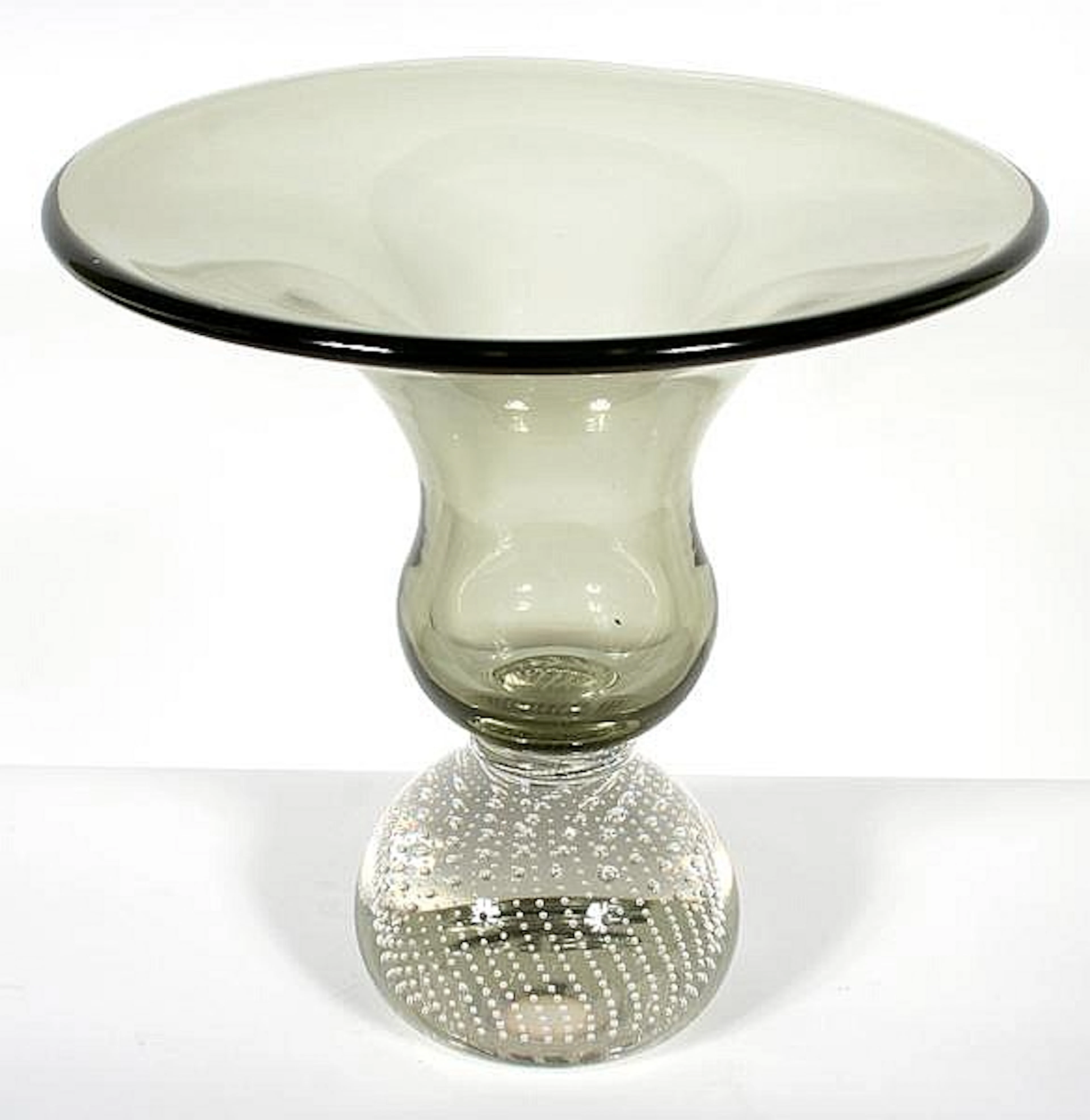 ERICKSON PAPERWEIGHT BASE VASE. Erickson free hand art glass vase with controlled bubble paperweight base, crystal base with smoke colored bowl. No mark. Size: 9''H, 9''diam. top, 3''diam. base. Condi