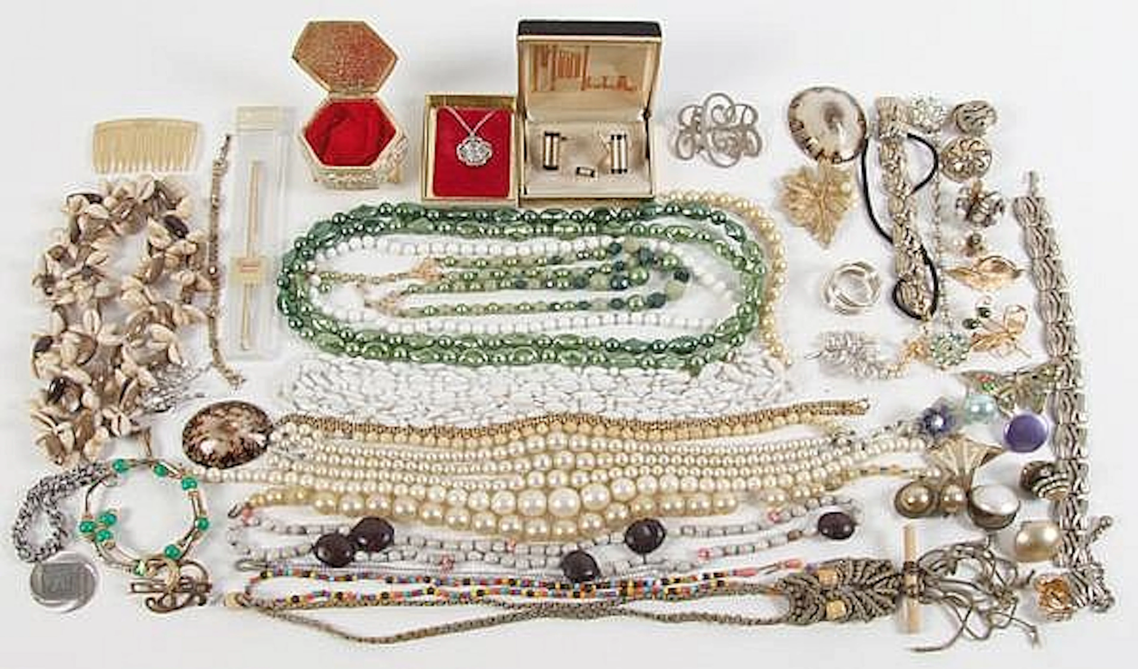 76+ PC. WEISS, TRIFARI, AND REPAIR JEWELRY. Lot includes: (6) Bracelets. Coro, Monet, Trifari. (16) Necklaces. (1) Aurora borealis rhinestone sweater clips. (1) F. Millot Crepe de Chine perfume. 1/15o